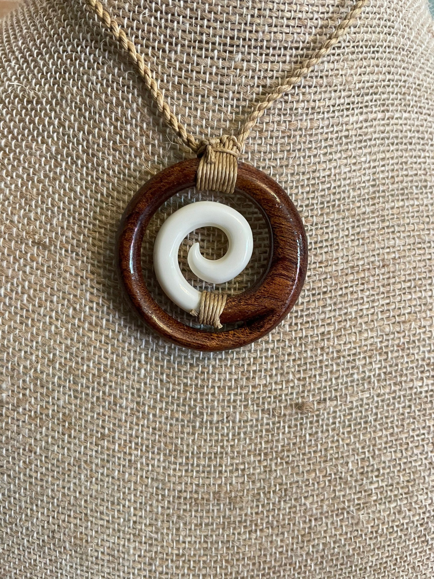 Solid Buffalo Bone and Koa Wood Adjustable Koru Necklace- Hawaiian Representation “Never Give-Up”