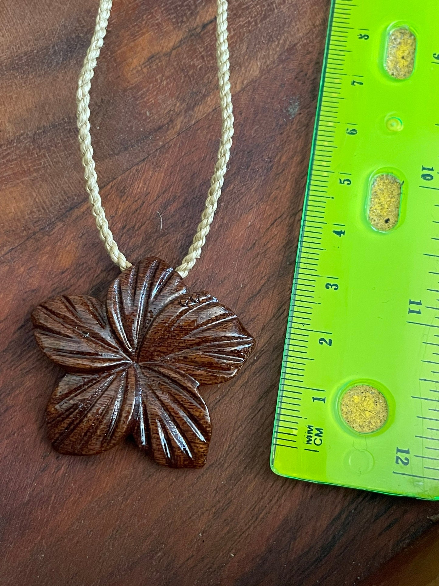 Hand Carved Koa Wood Plumeria Necklace - Adjustable Hemp Boho Jewelry