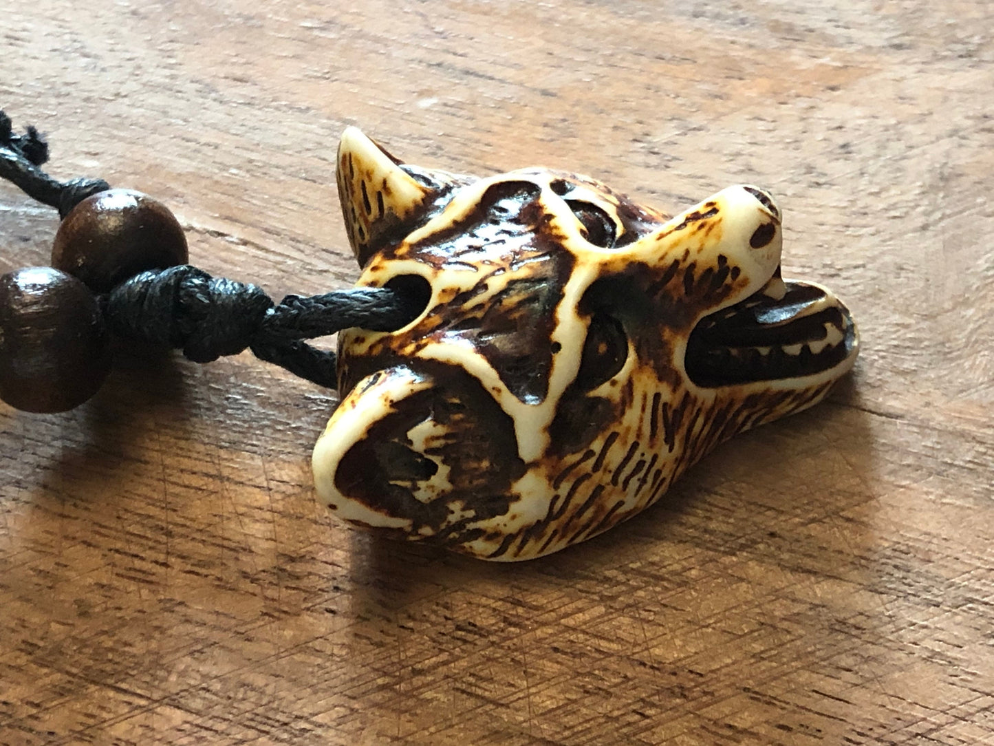 Naturalistic Styled Tribal Hand Crafted Bone and Resin Wolf or Dog Head Adjustable Necklace