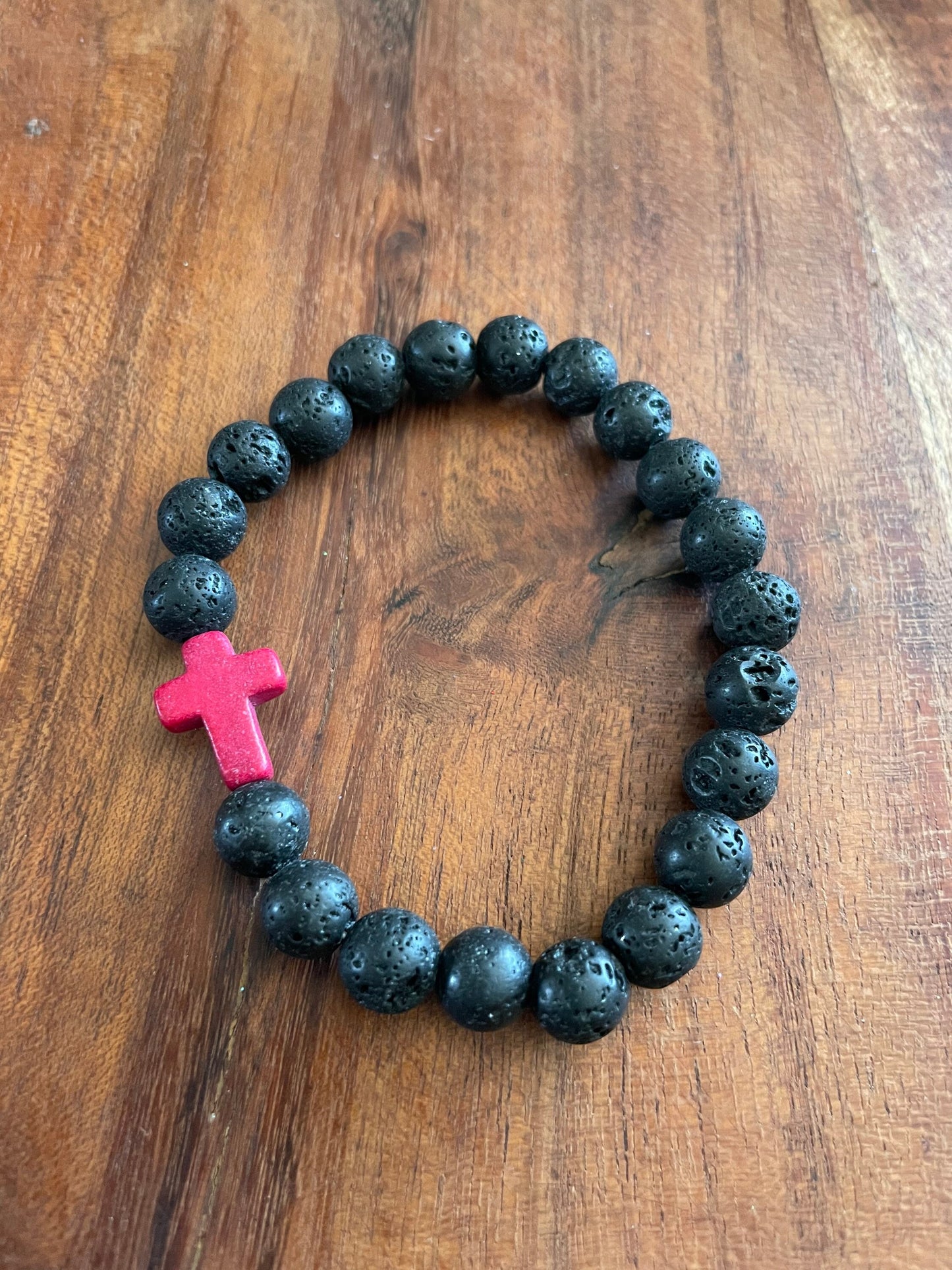 Solid Lava Beaded Elastic Bracelets with Christian Cross Clay Bead