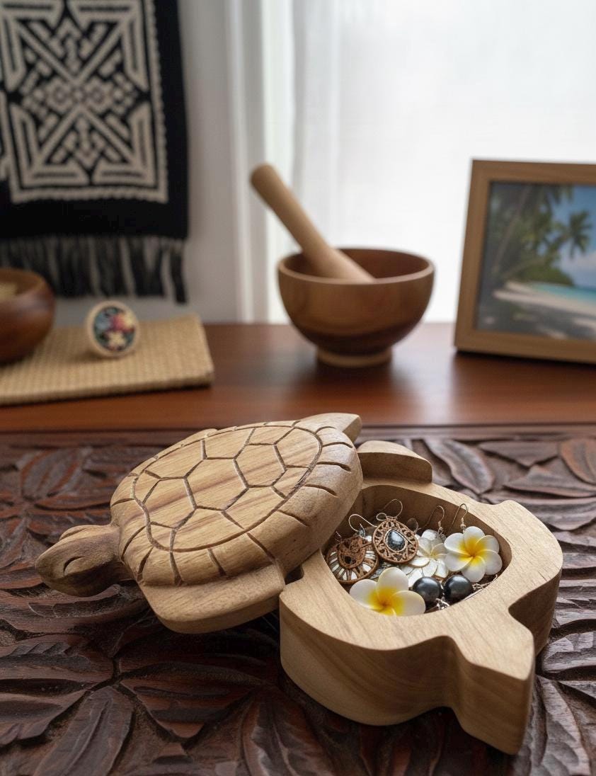 Handmade Teak Wood Sea Turtle Trinket Box – Polynesian Honu