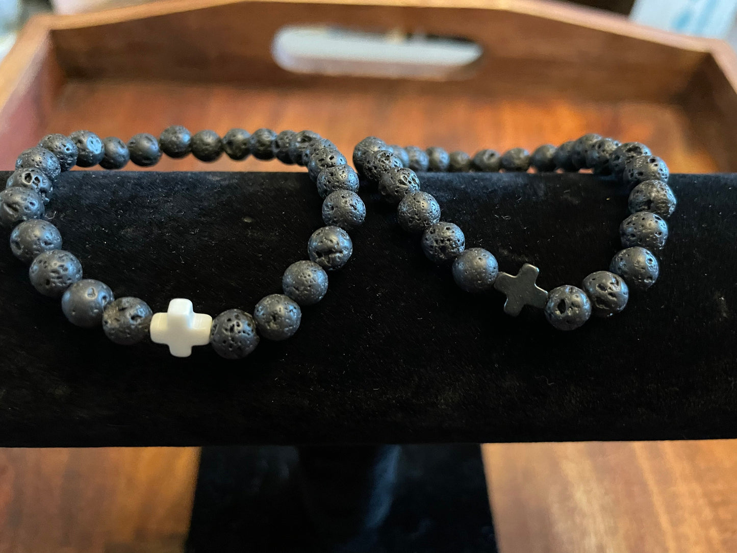 Petite 6mm Lava Bead Elastic Bracelet with Clay Cross Accent Bead