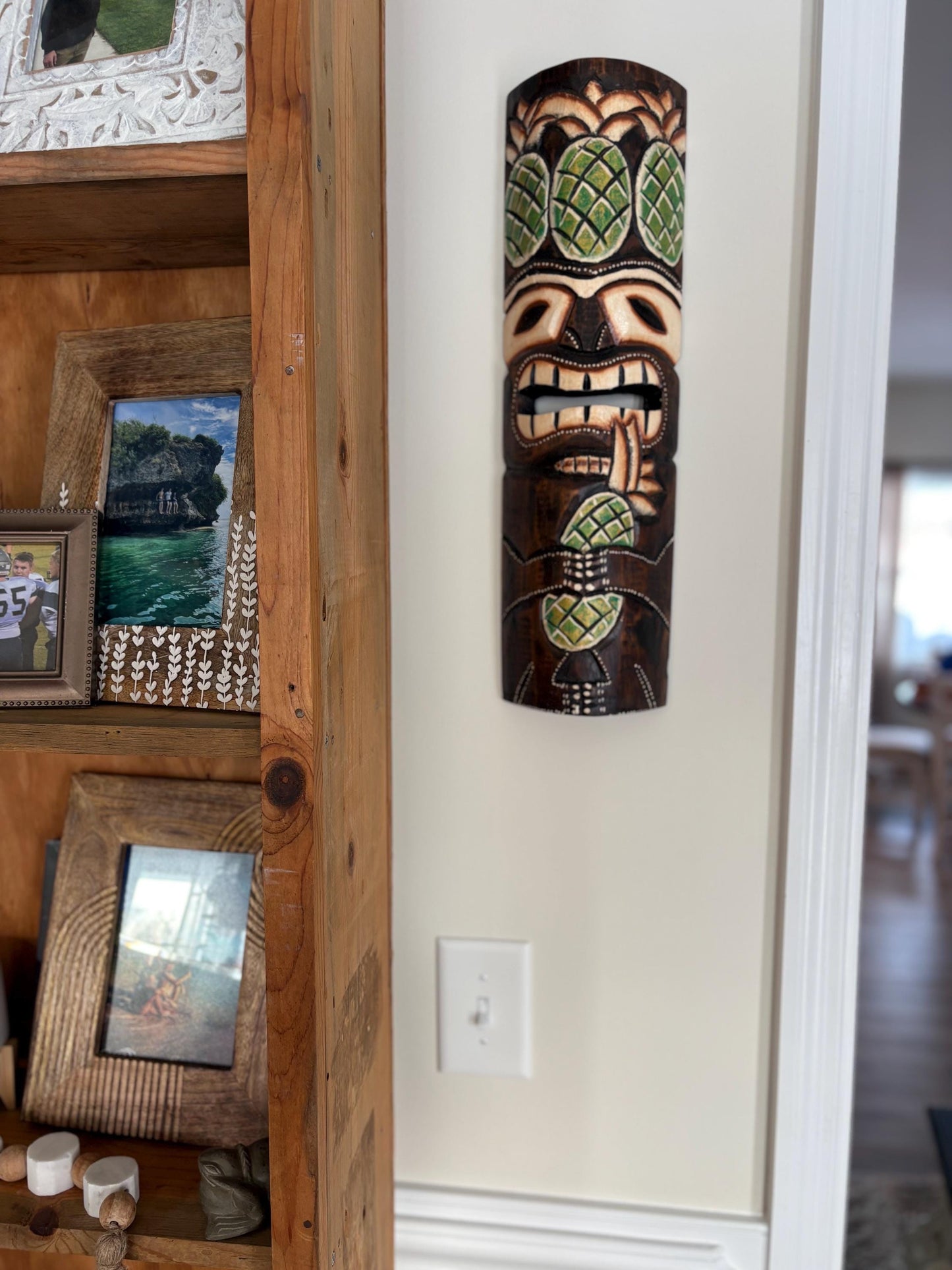 Pineapple Themed Teakwood Lightweight Handcarved and Handpainted Hawaiian Tiki Display