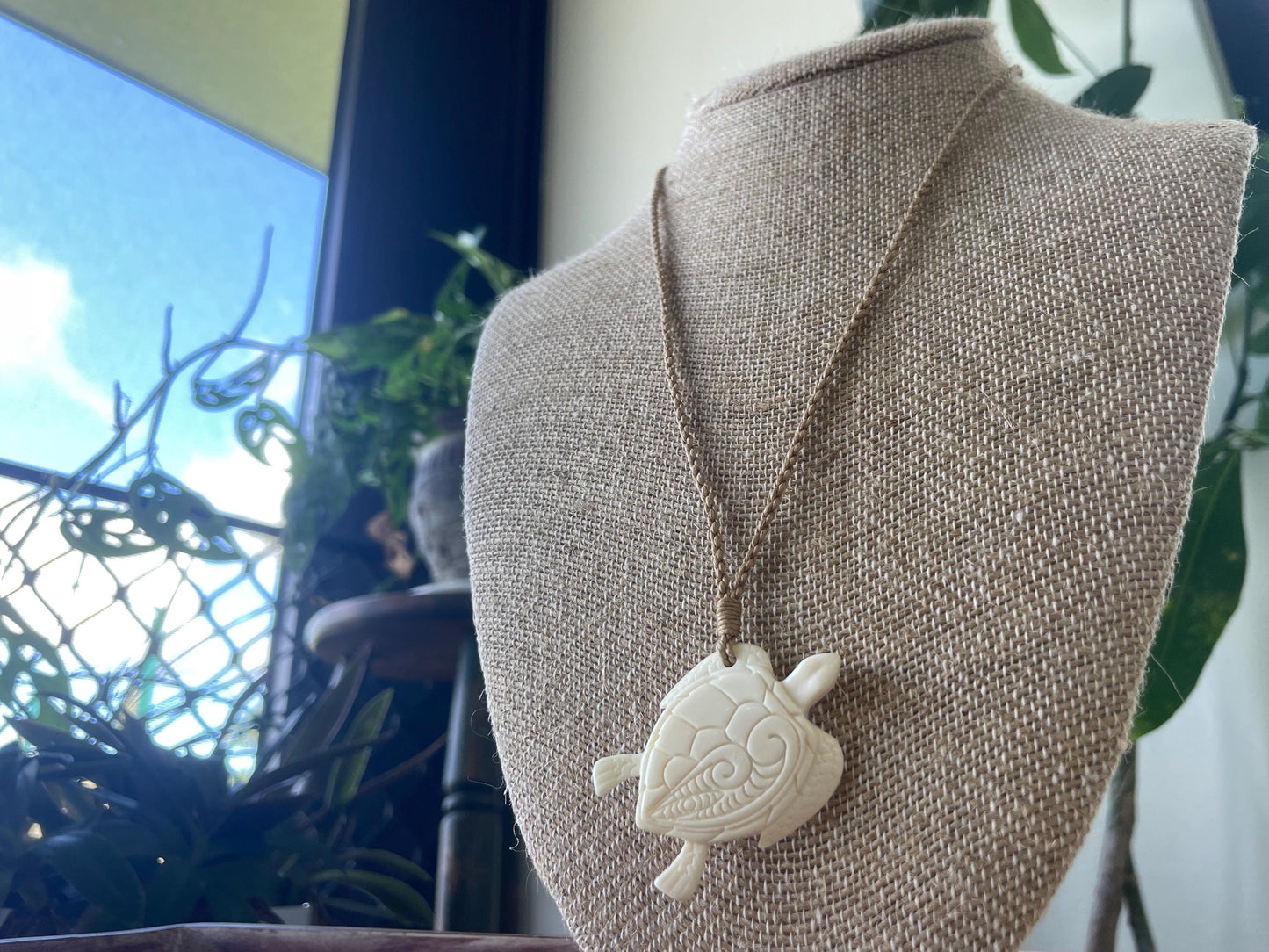 Hand Carved Buffalo Bone Sea Turtle Pendant – Adjustable Necklace