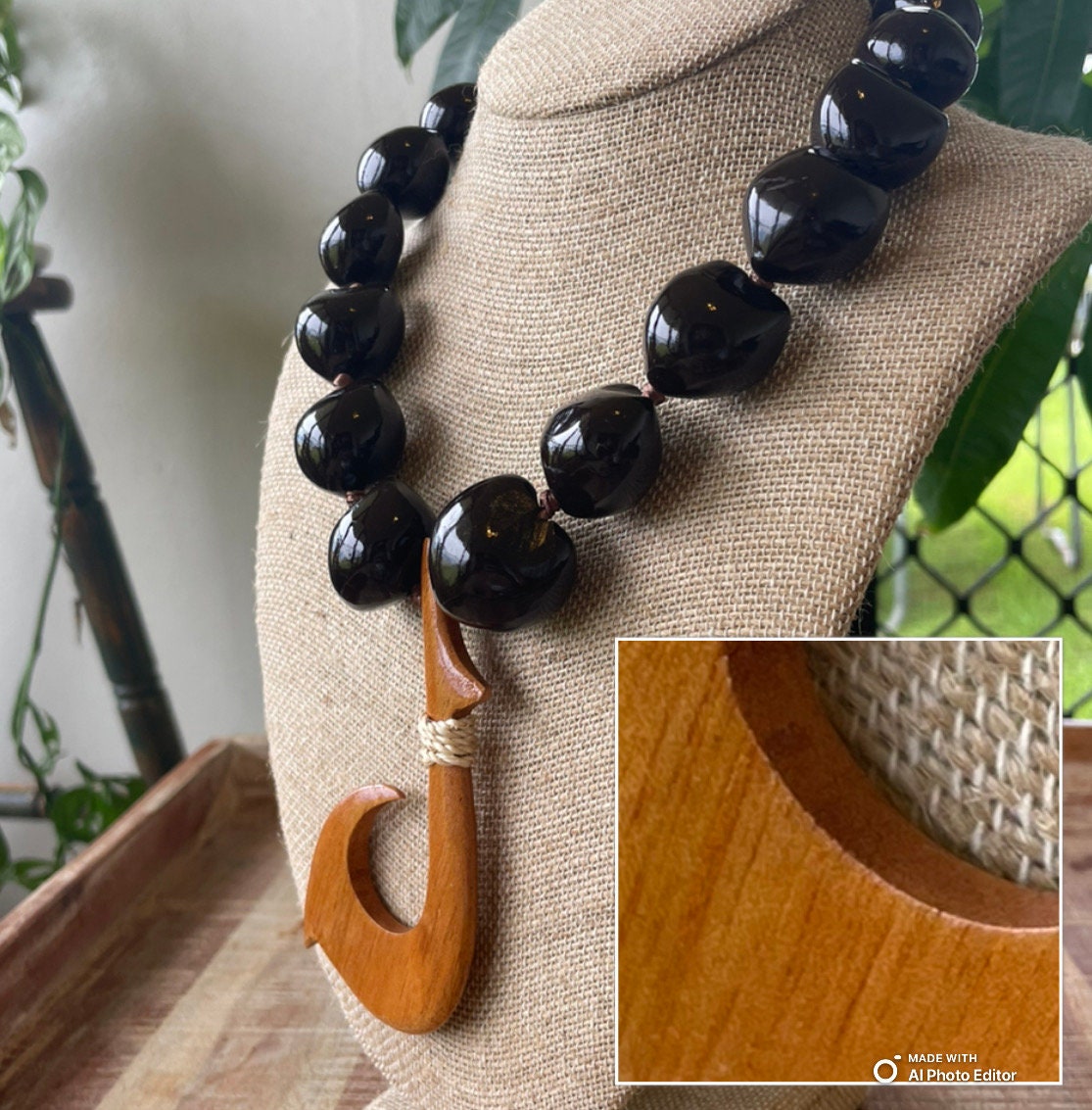 Kukui Nut Lei, Fish Hook or Sea Turtle Pendant, Albesia Wood & Shell