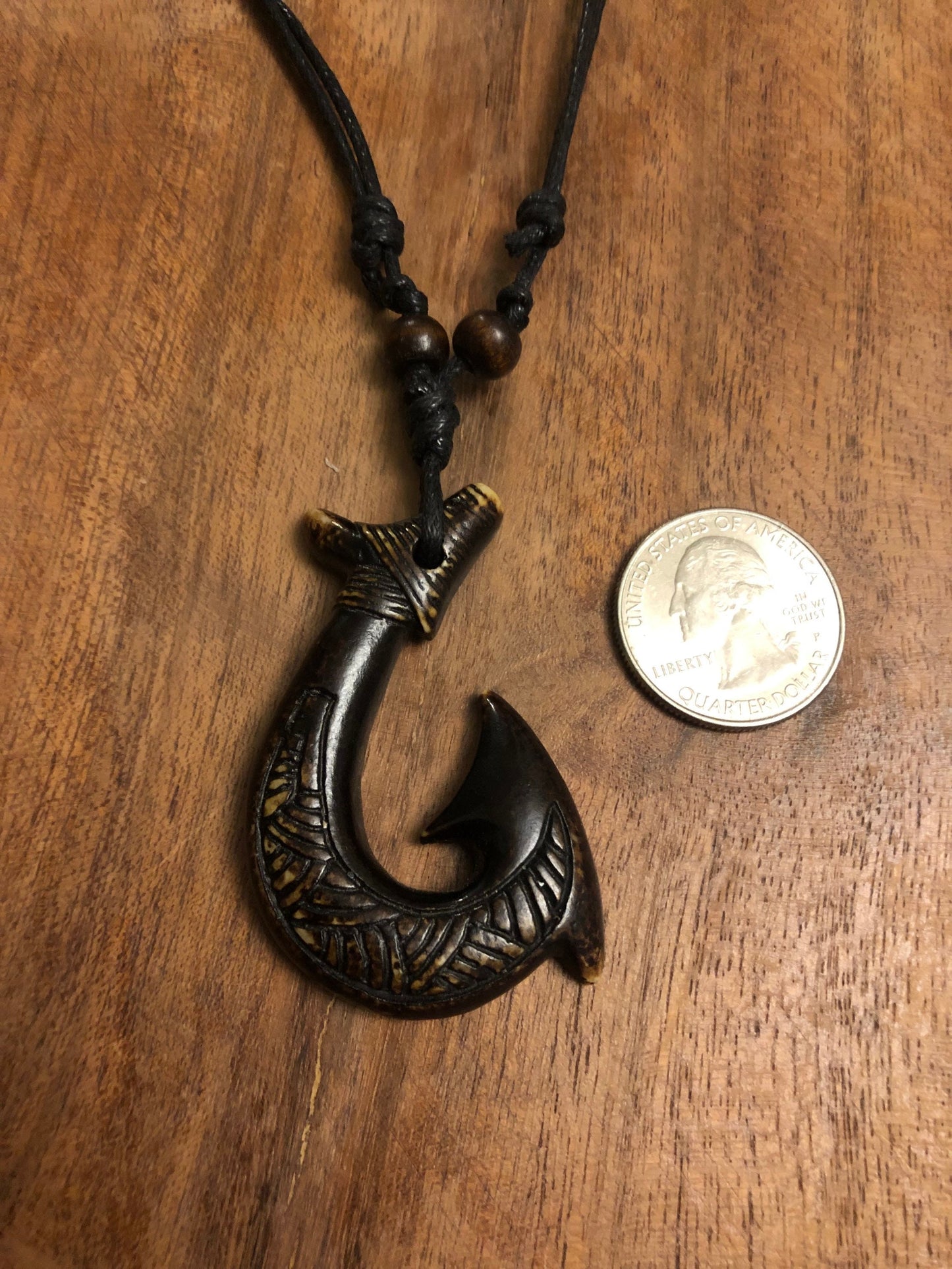 Polynesian Makau Fish Hook Necklace, Buffalo Bone & Resin, Adjustable