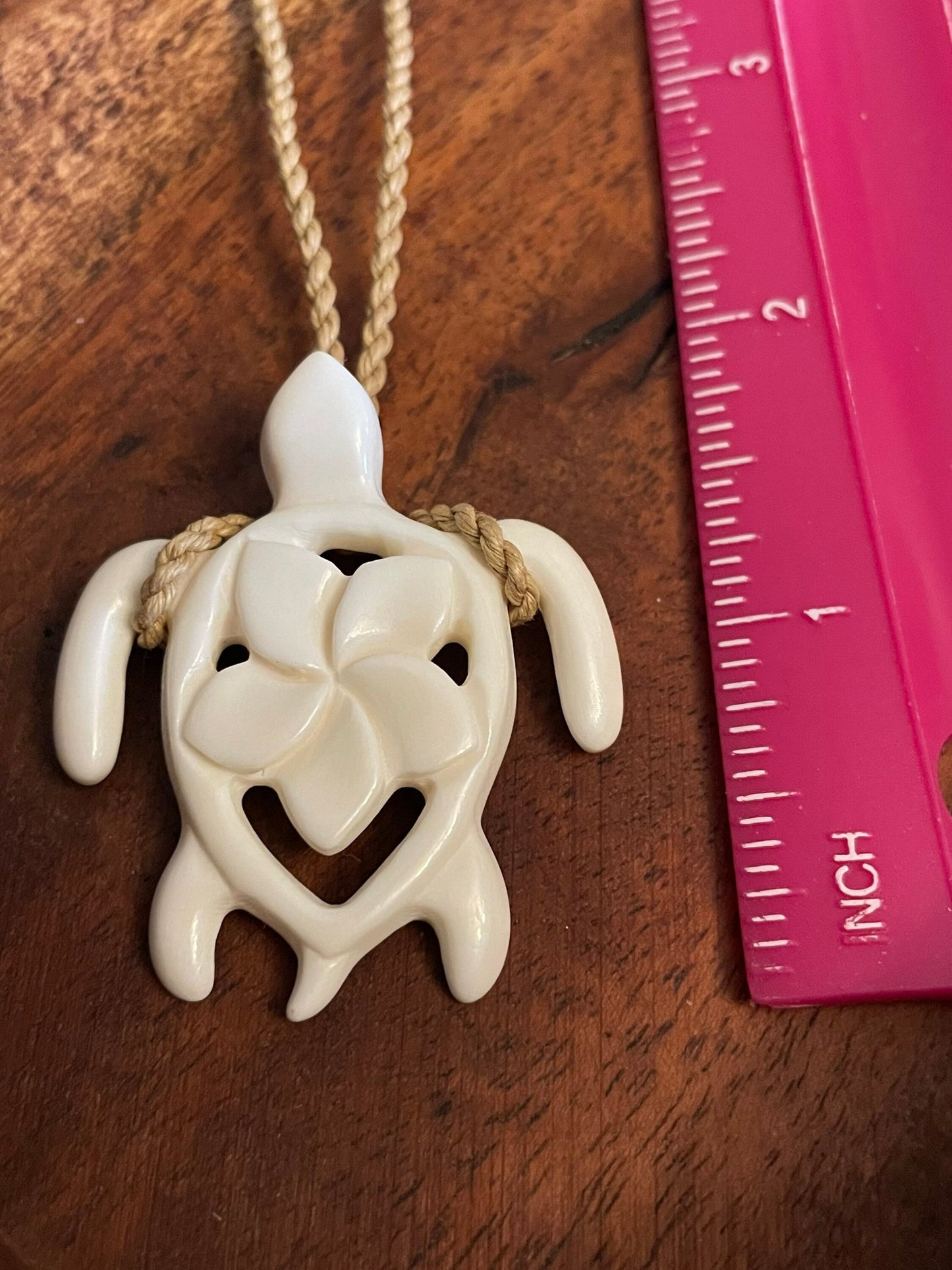Hand Carved Bone Sea Turtle Necklace - Polynesian Plumeria Pendant