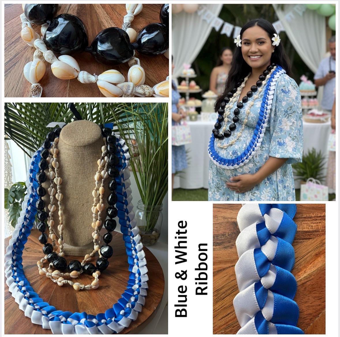 Hand Woven Ribbon Lei with Kukui Nut & Cowrie Shells