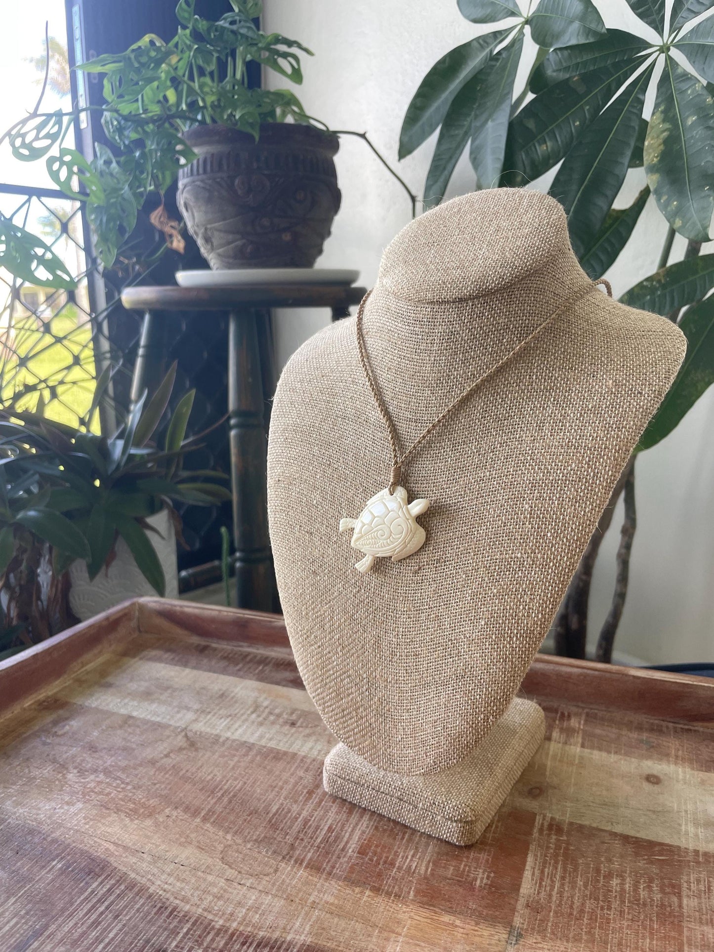 Hand Carved Buffalo Bone Sea Turtle Pendant – Adjustable Necklace