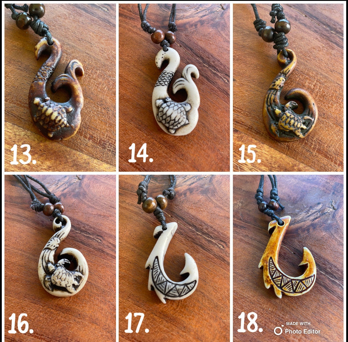 Maui Hooks - Hei Makau Adjustable Bone & Resin Necklaces- Story included in images!