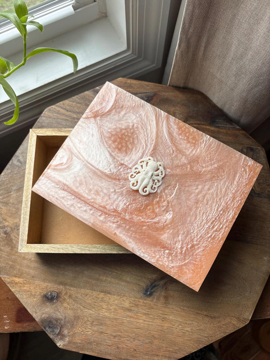 Hand-Crafted Polynesian & Micronesian Wooden and Faux Shell Inlay Box with Bone Octopus Decor
