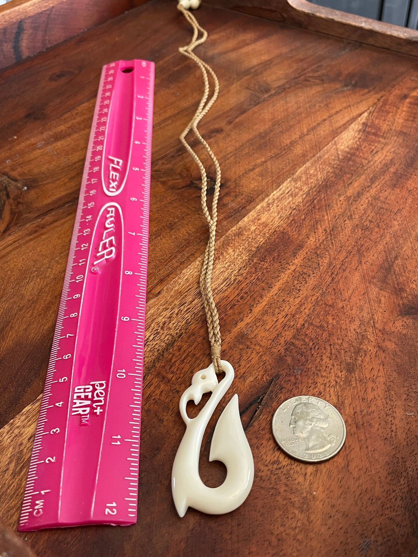 Hand Carved Buffalo Bone Fish Hook Necklace - Polynesian Makau Jewelry