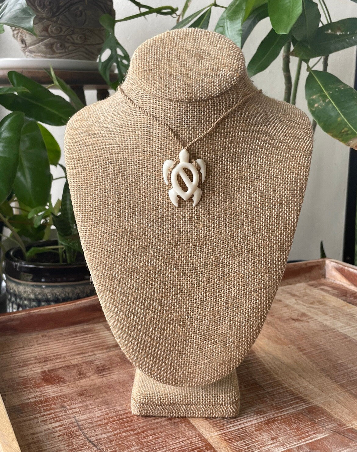 Diver’s Hand Carved Solid Bone Polynesian & Micronesian Dive Flag Turtle Necklace