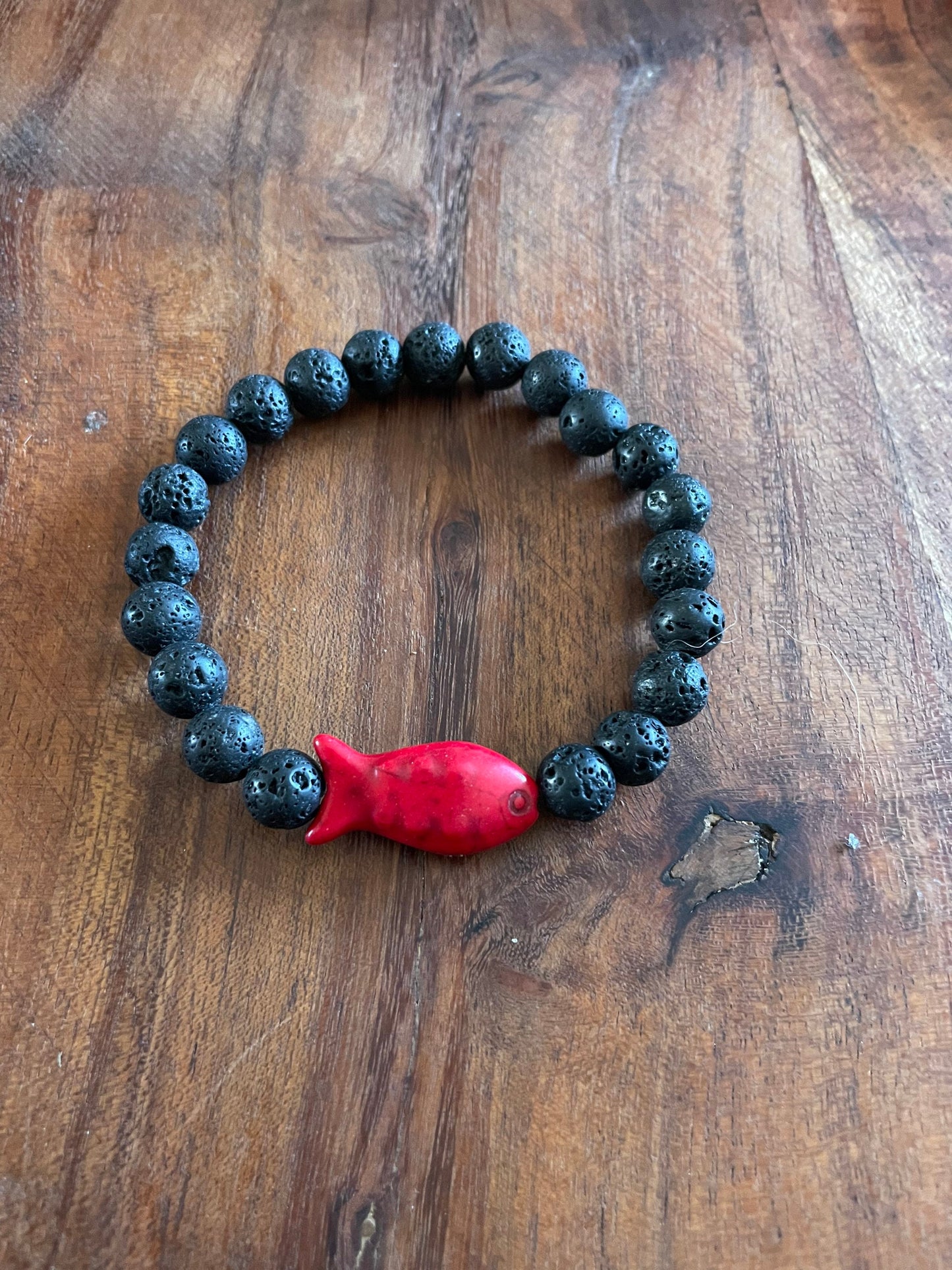 Authentic Lava Bead Elastic Bracelet with Clay Fish Bead