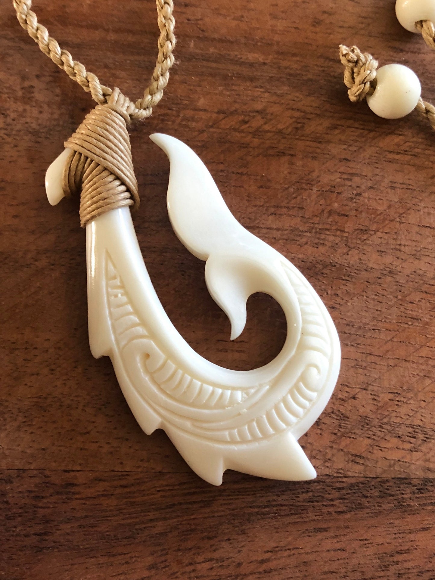 Hand Carved Buffalo Bone Makau Necklace: Adjustable Boho Surfer Jewelry