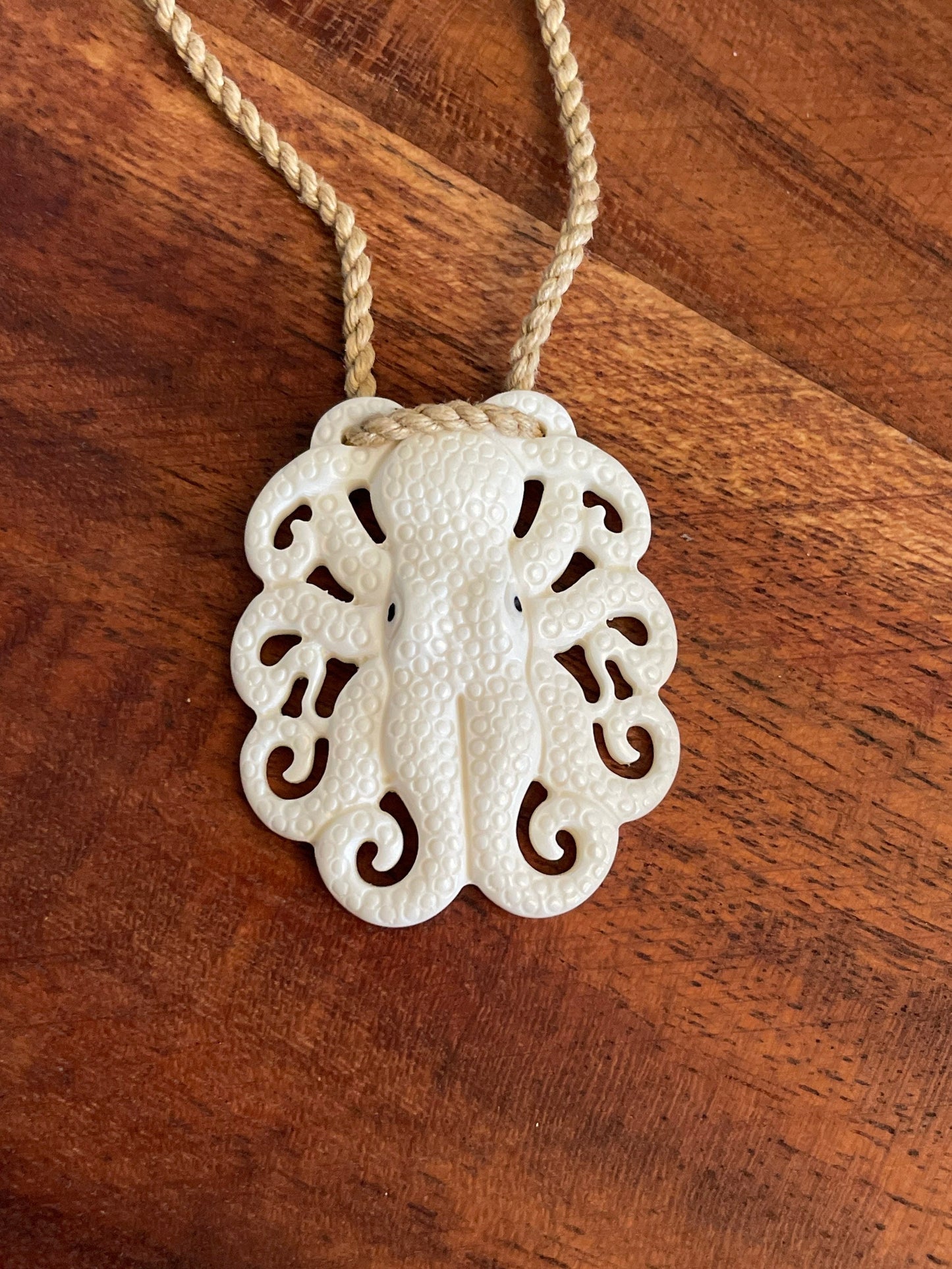 Hand Carved Buffalo Bone Octopus Pendant, Surfer Cord Necklace