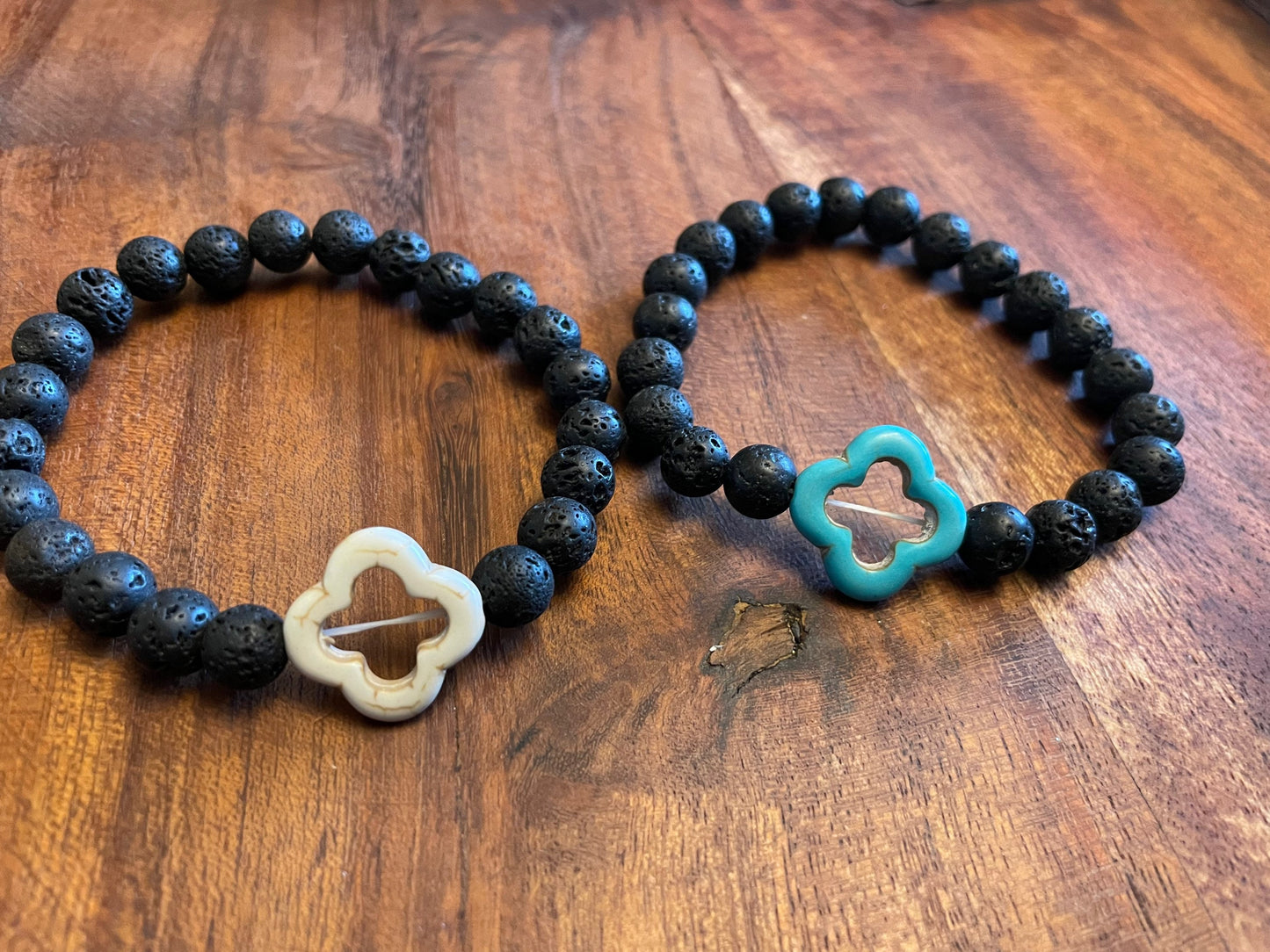Authentic Lava Bead Elastic Bracelet with Clay Bead Clover Accent