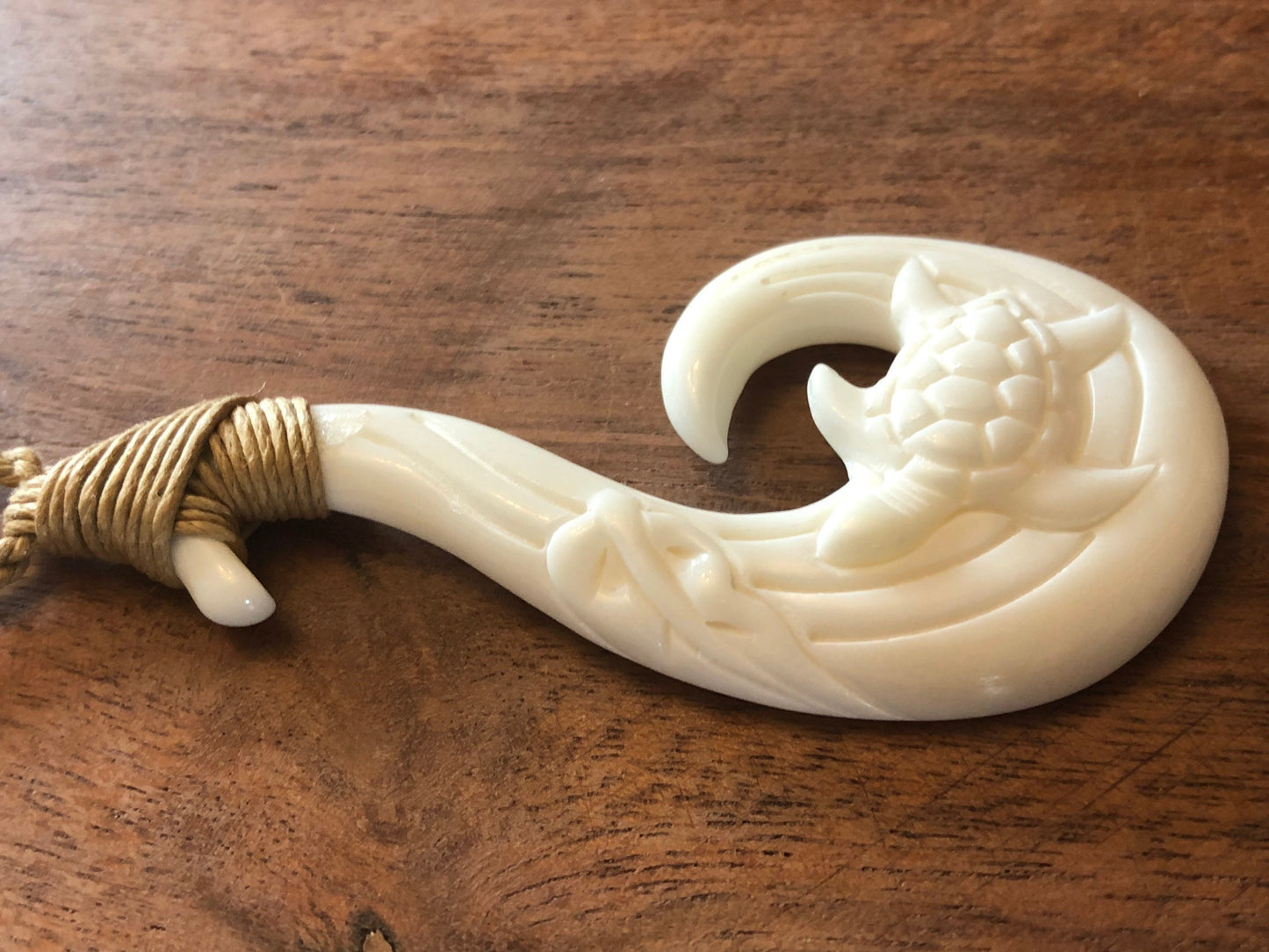 Hand Carved Buffalo Bone Fish Hook Necklace - Honu Sea Turtle Makau