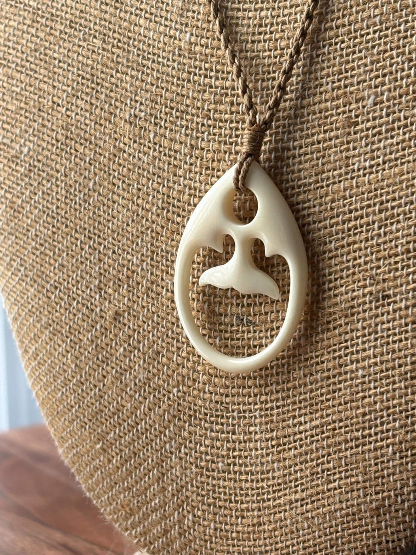 Solid Buffalo Bone Hand Carved Whale Tail Adjustable Pendant and Surfer Cord Necklace