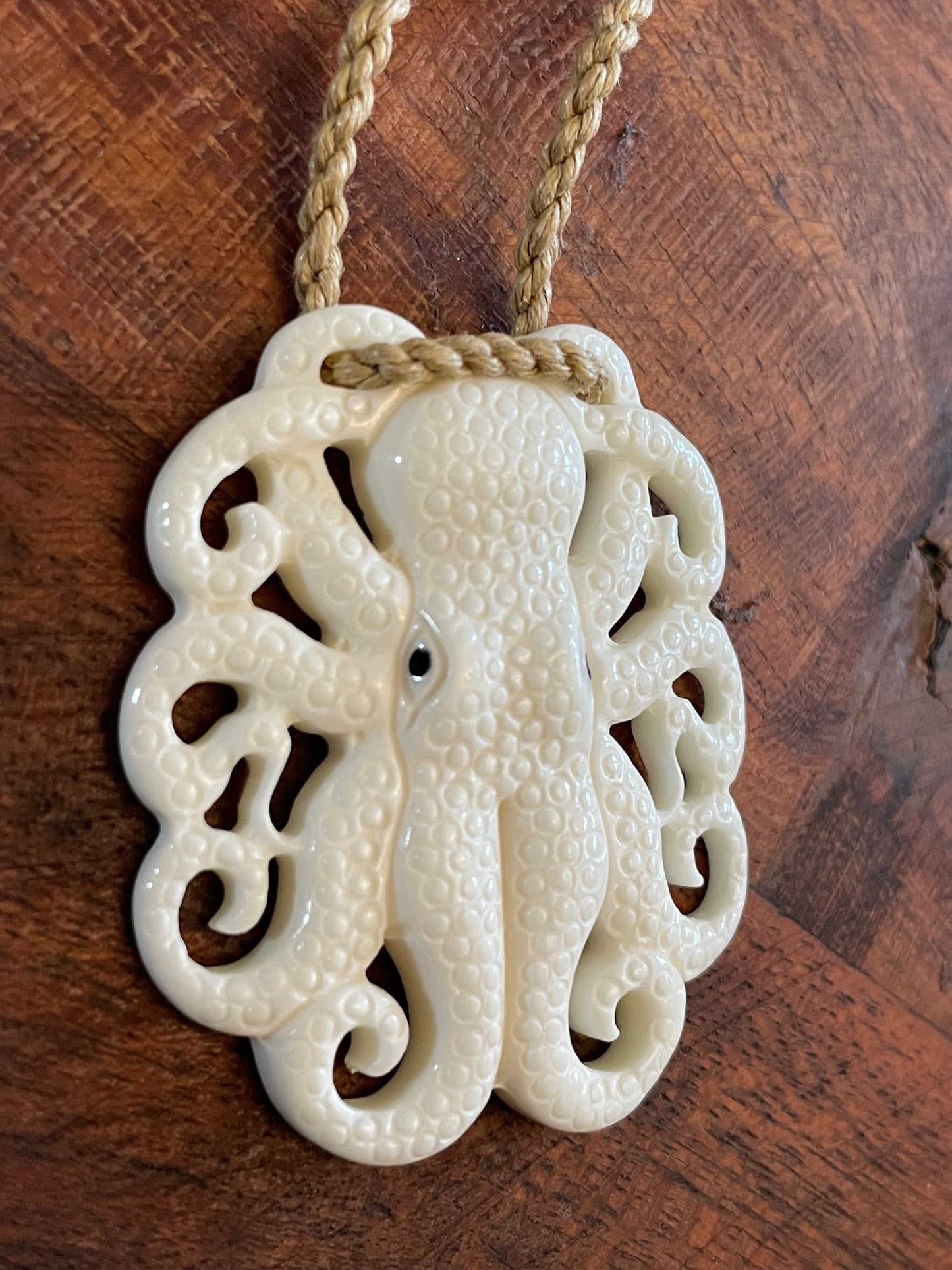 Hand Carved Buffalo Bone Octopus Pendant, Surfer Cord Necklace