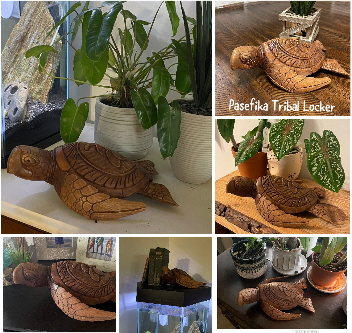 Hand Carved Wood Sea Turtle Decor, Tribal Palm Tree Design