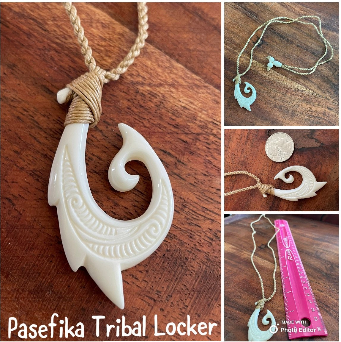 Uniquely Handcarved Solid Buffalo Bone Hei Makau Fish Hook with Koru