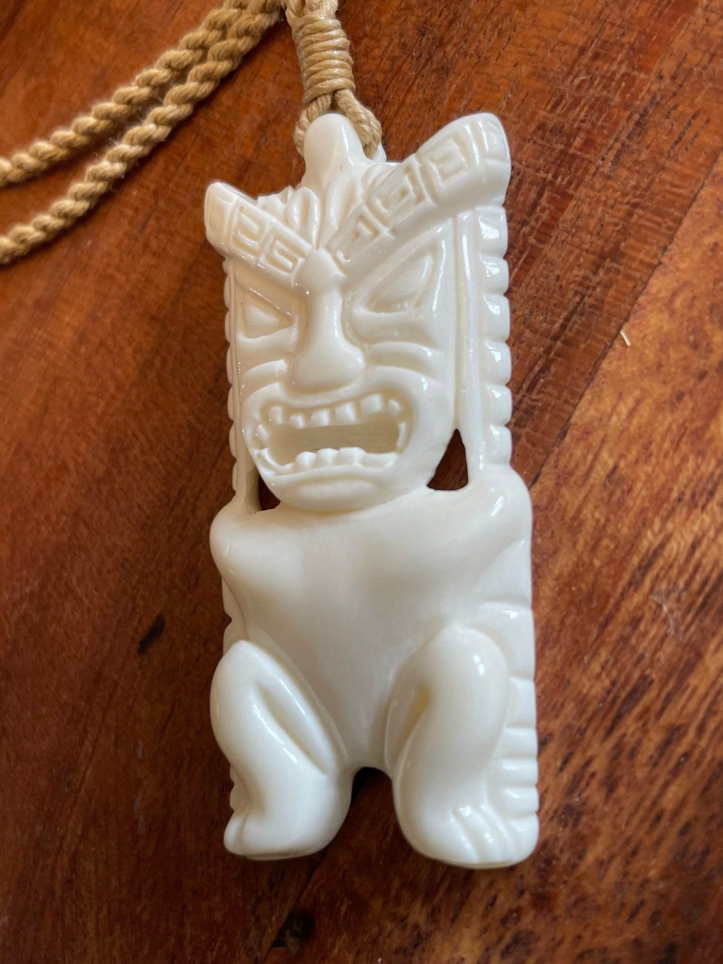 Finely Detailed Polynesian Hand Carved Solid Bone Tiki Adjustable Necklace