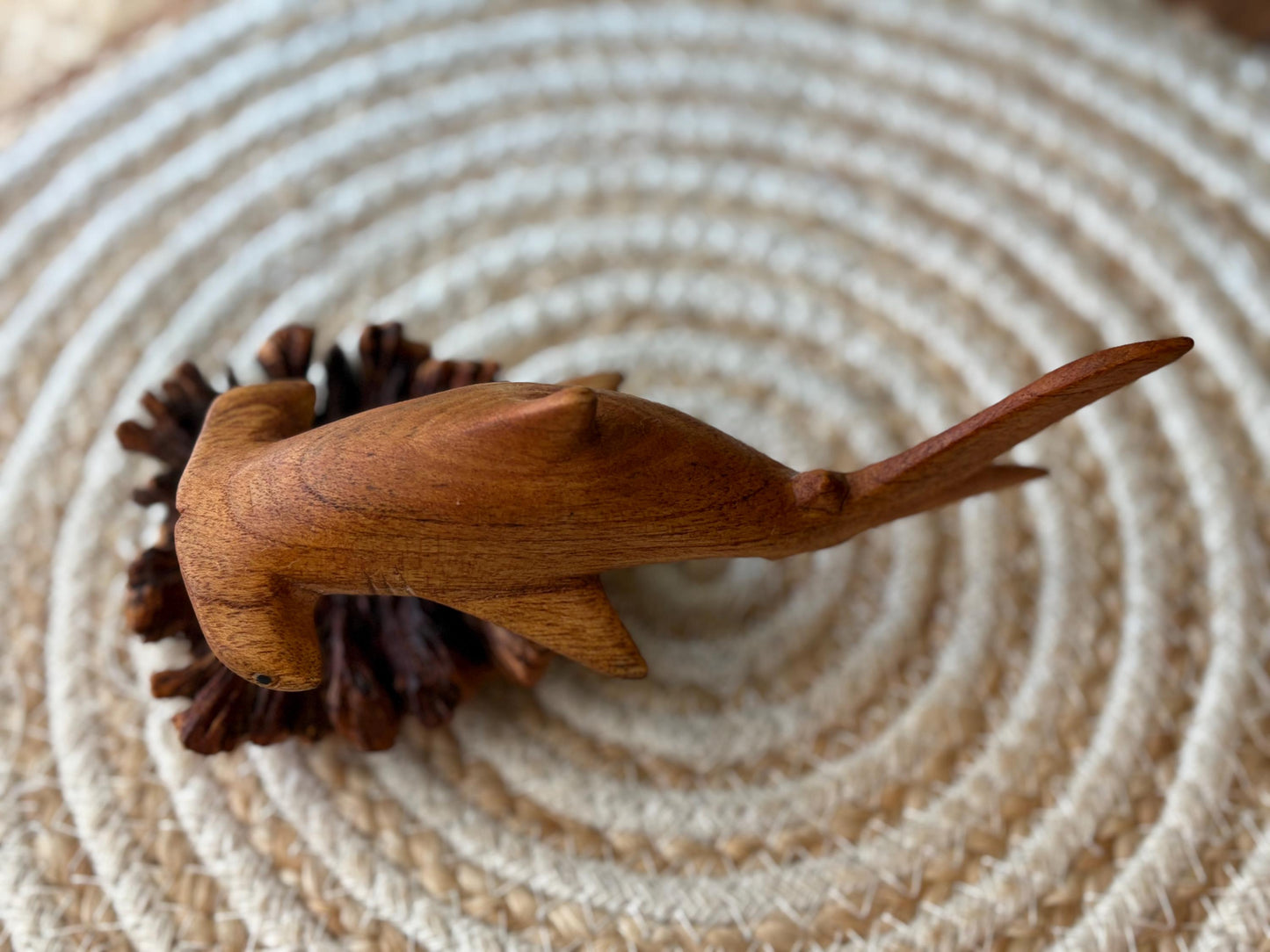 Hand Carved Hammerhead Shark Sculpture on Leech Wood Base