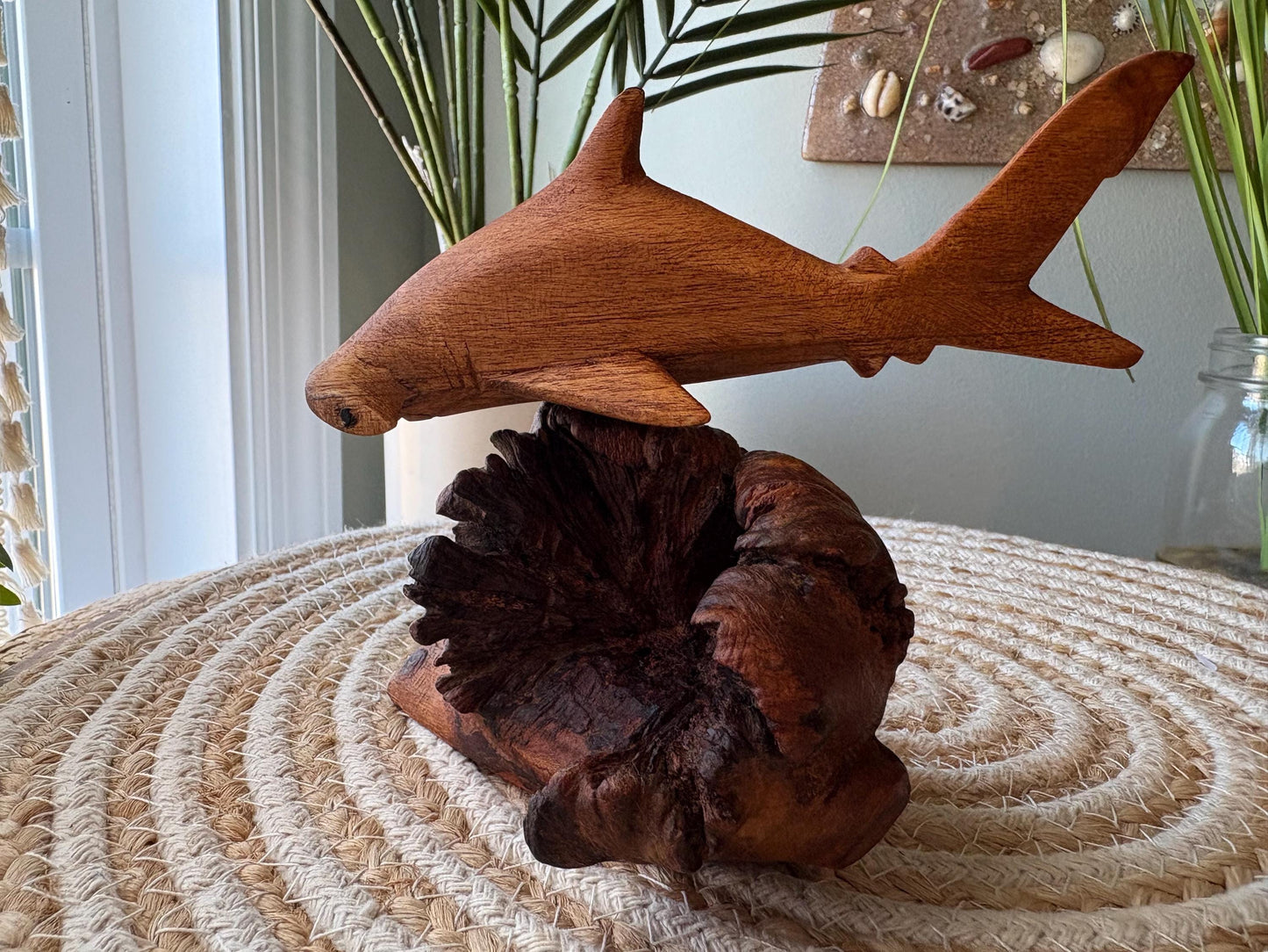Hand Carved Hammerhead Shark Sculpture on Leech Wood