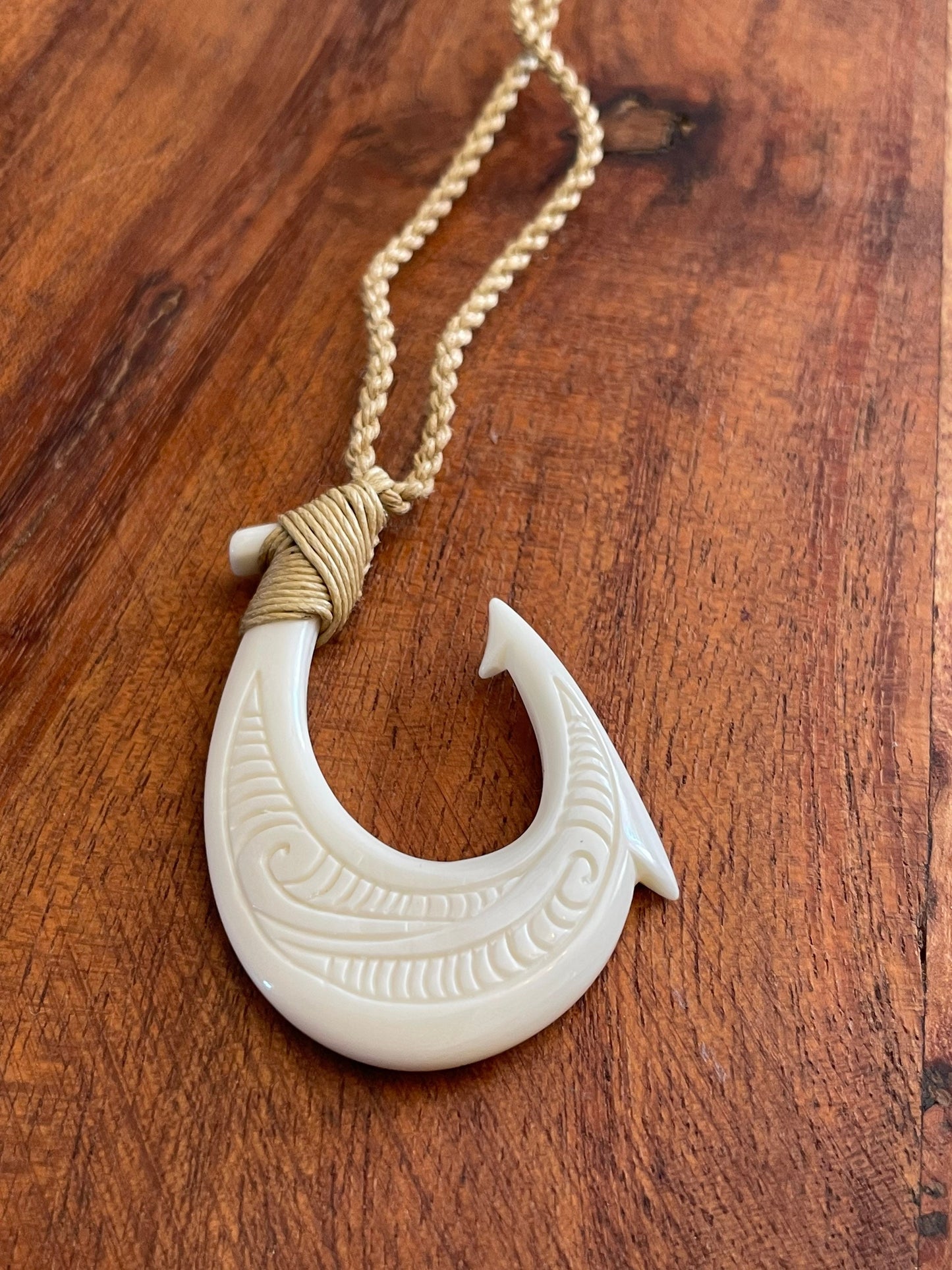 Hand Carved Buffalo Bone Fish Hook Necklace, Hei Makau Koru