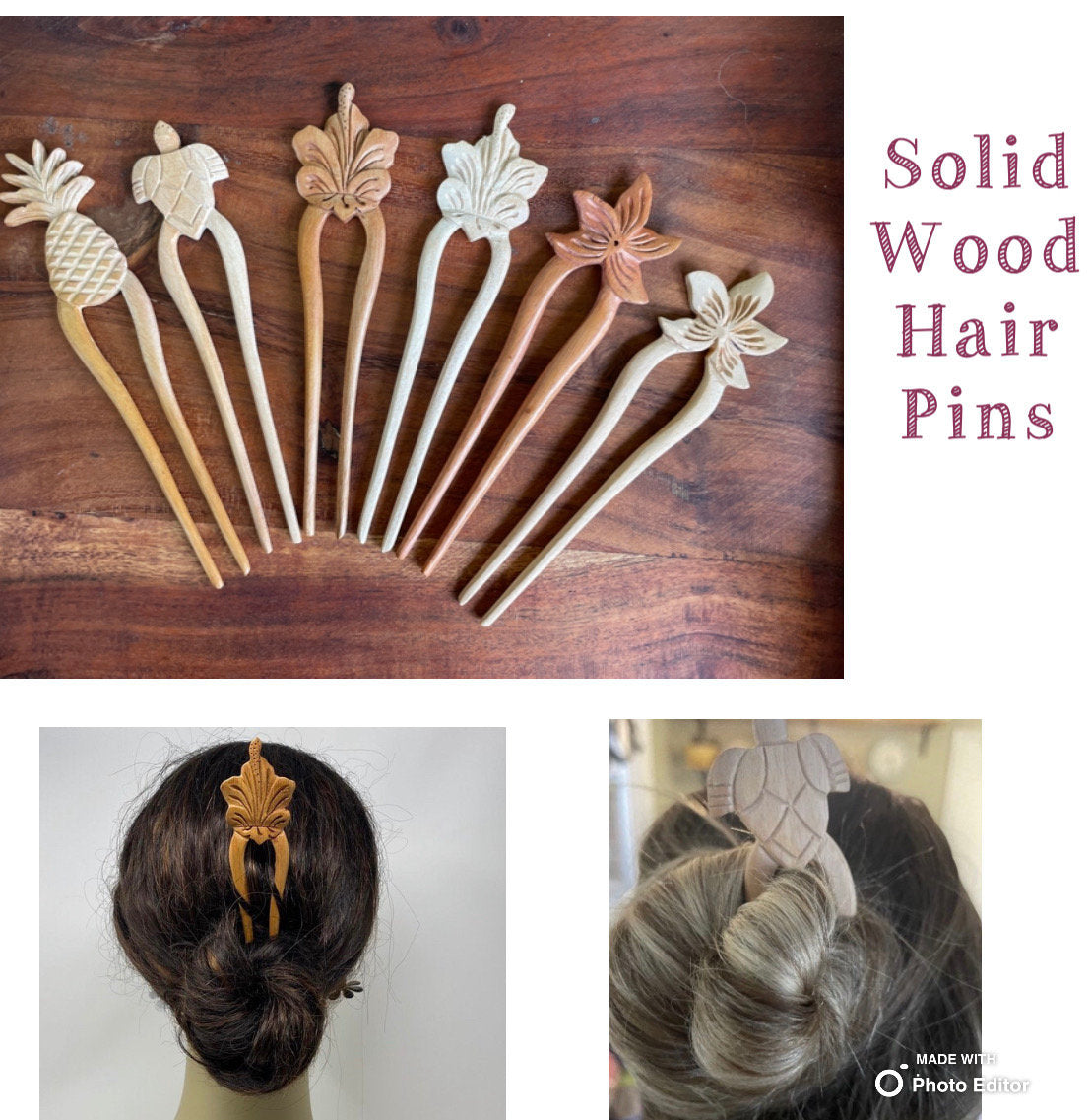 Hand-Carved Wooden Hair Fork – Polynesian Floral & Turtle Design