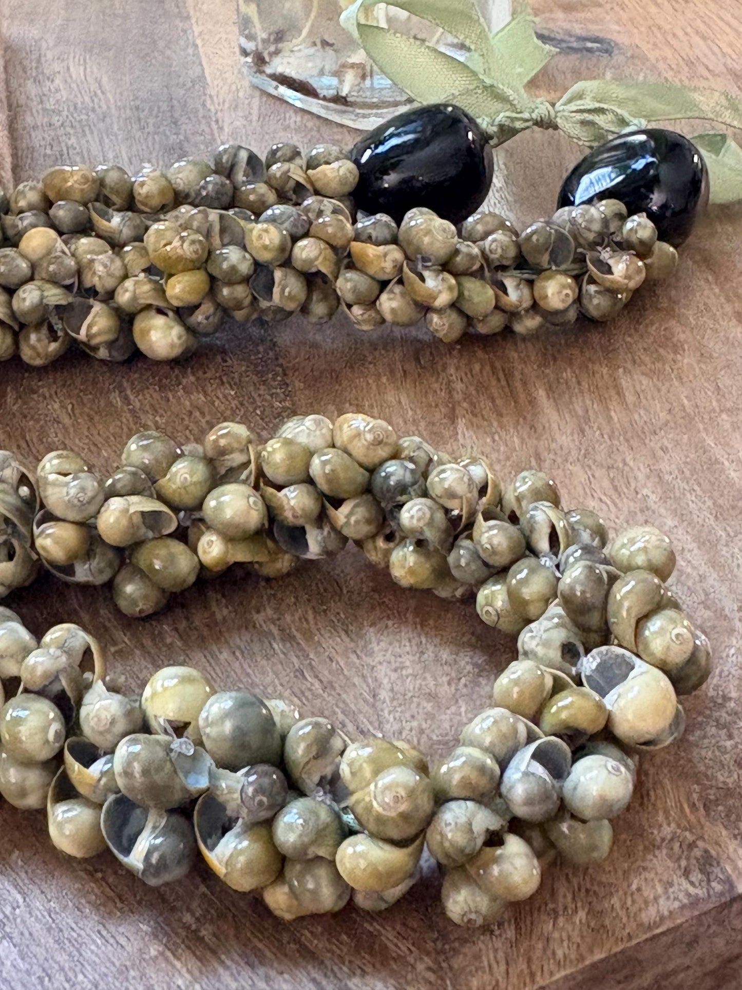 Sage Green Mongo Shell Lei Necklace – Adjustable Ribbon Tie