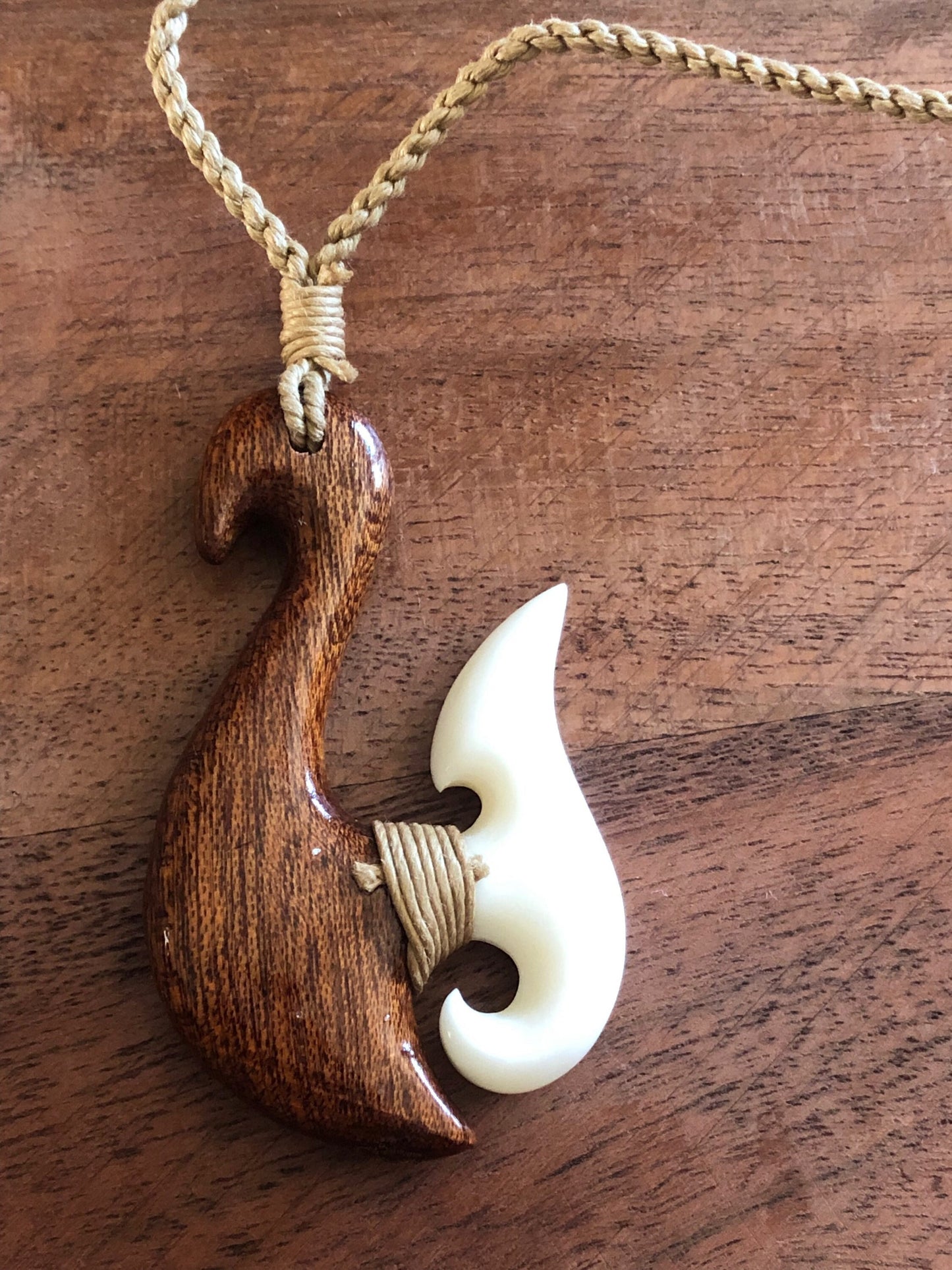 Hand Carved Bone & Koa Wood Fish Hook Necklace - Adjustable Hei Makau