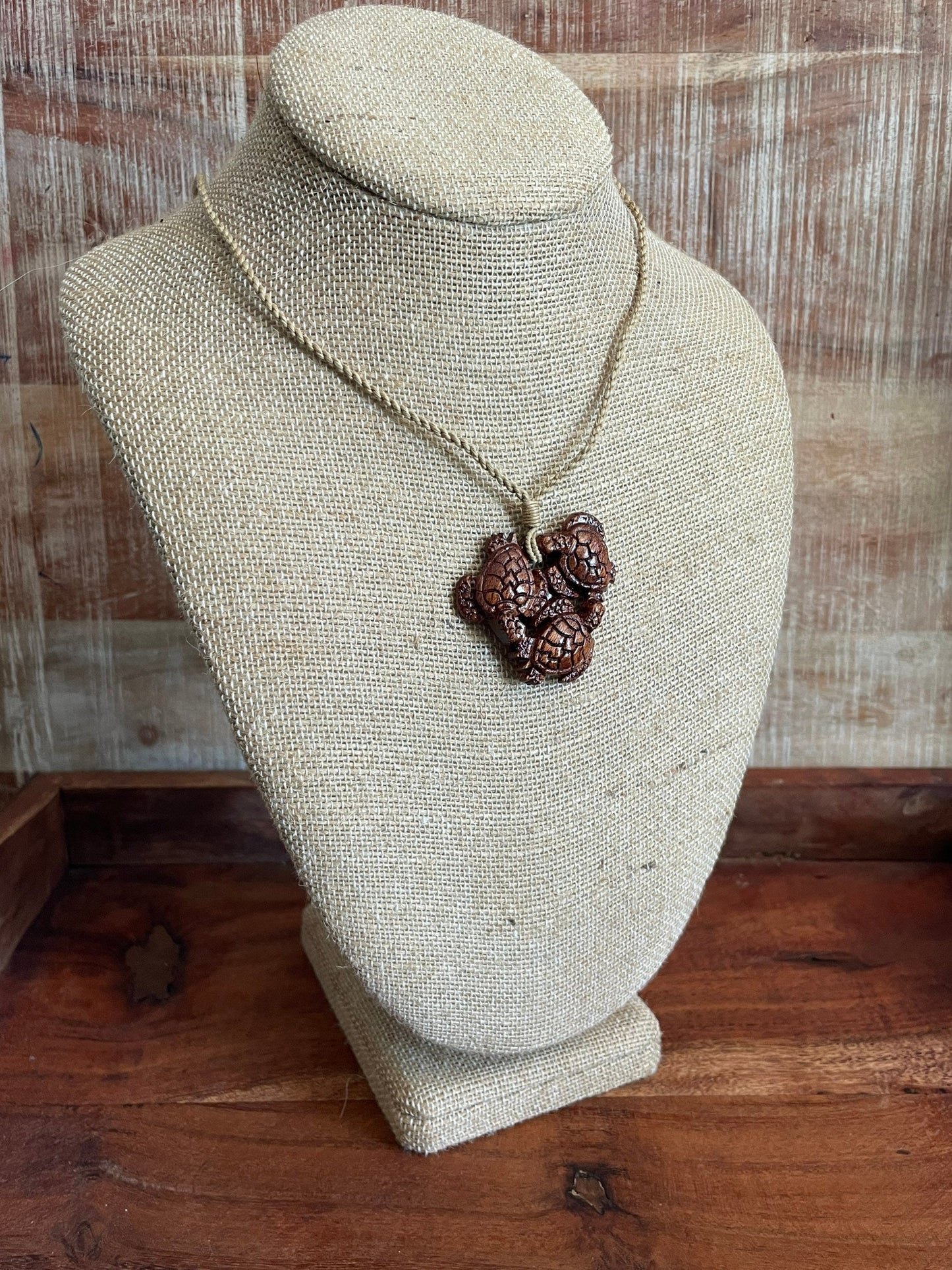 Hand Carved Koa Wood Sea Turtle Necklace – Adjustable Hemp Cord