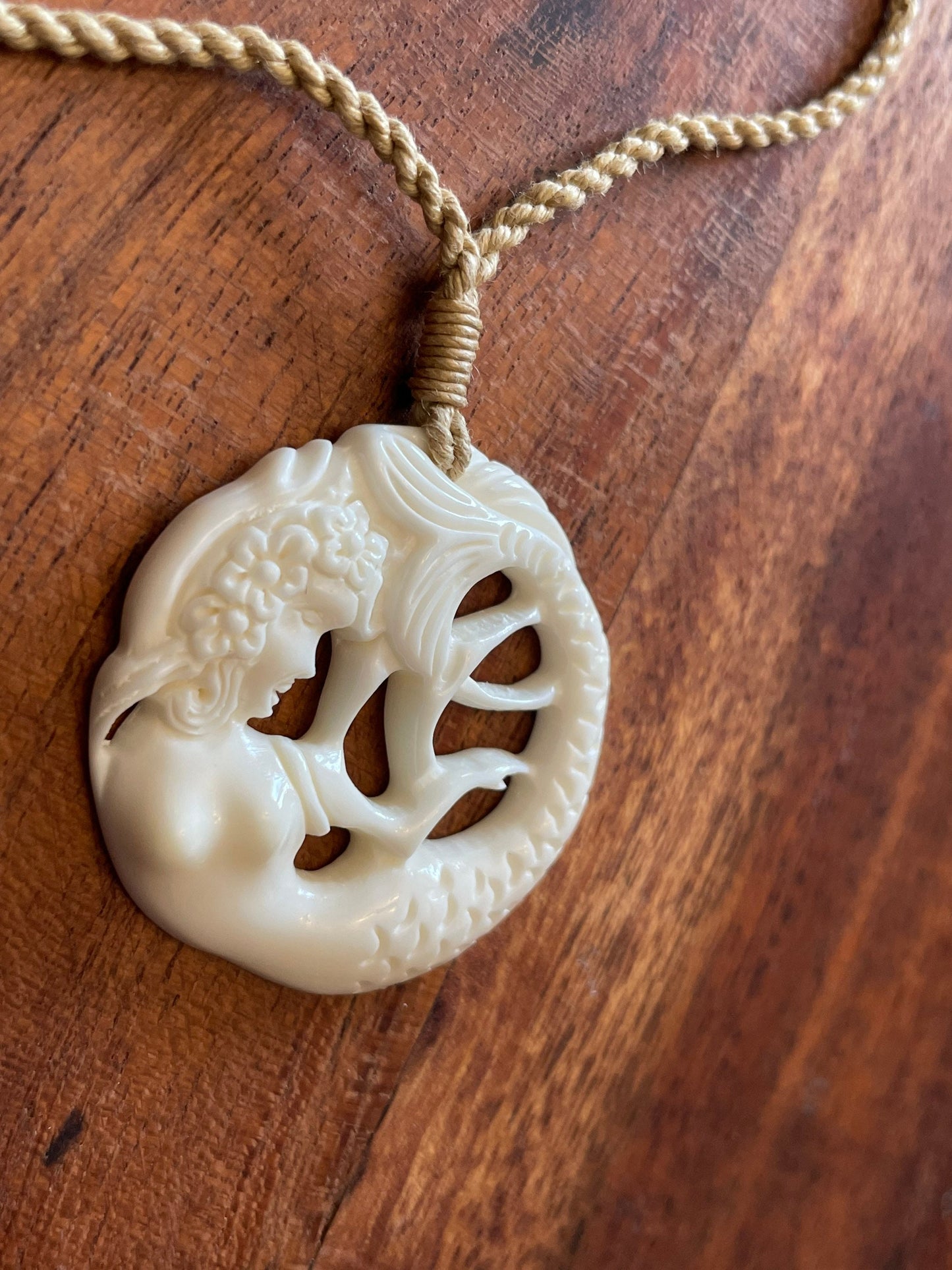 Hand Carved Buffalo Bone Mermaid Necklace - Polynesian Boho Jewelry