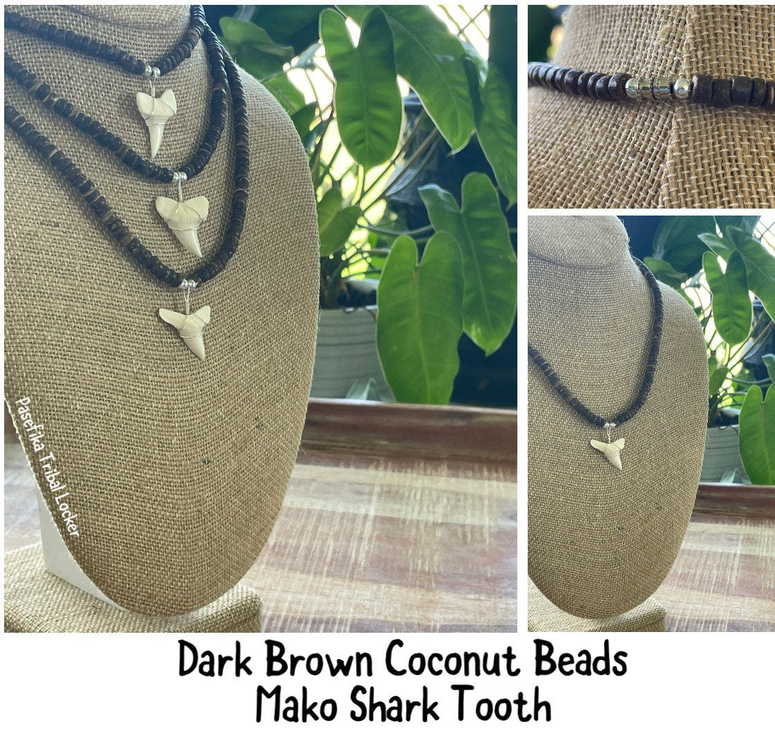 Authentic Mako & Fossilized Moroccan Shark Tooth Necklaces on Coconut Beaded Necklaces with Silver Clasp