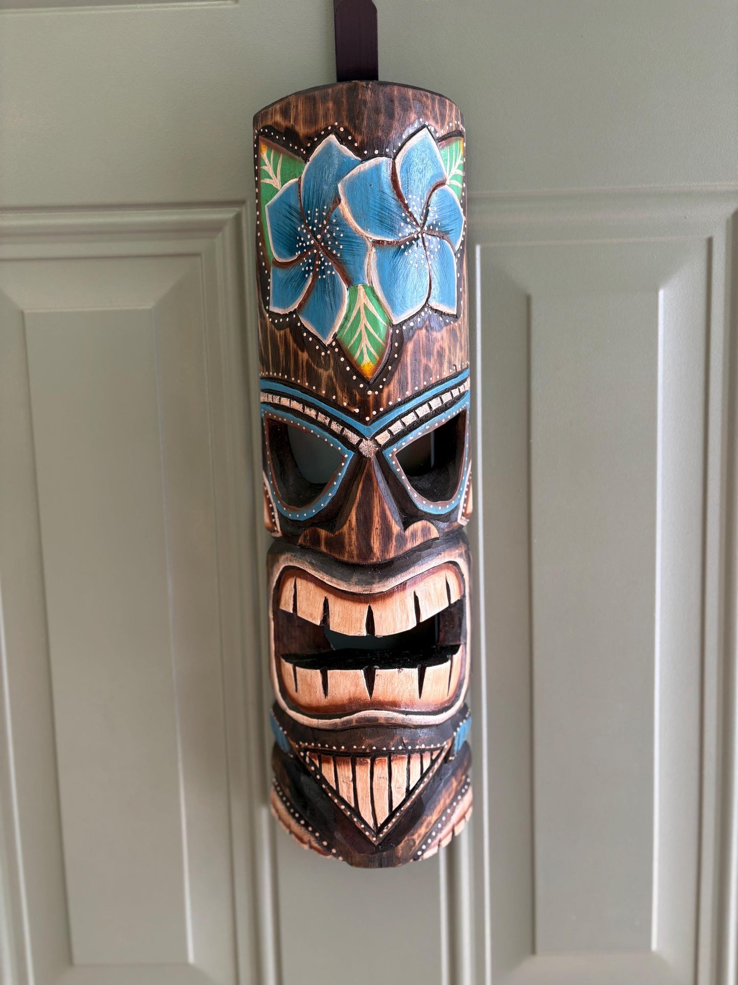 Blue Plumeria Hawaiian Tiki - Lightweight Teakwood Handcarved and Handpainted Display