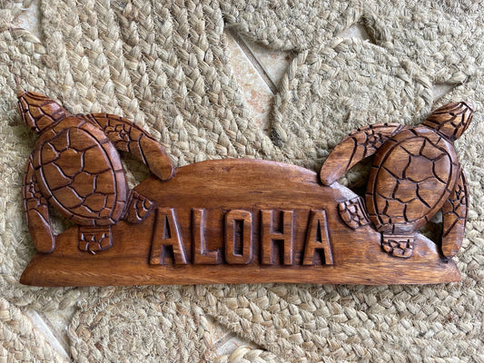 Solid Handcarved Hibiscus Wood Turtle Welcome “Aloha”  Plaque- Beautifully Handcrafted Wall Decor