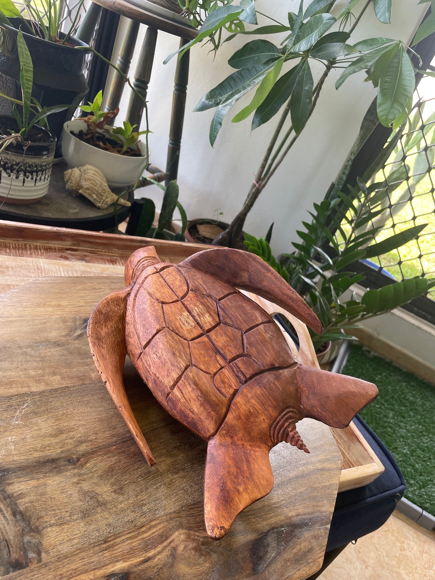Hand Carved Hibiscus Wood Sea Turtle: Nautical Home Decor (8.5-10" Long)