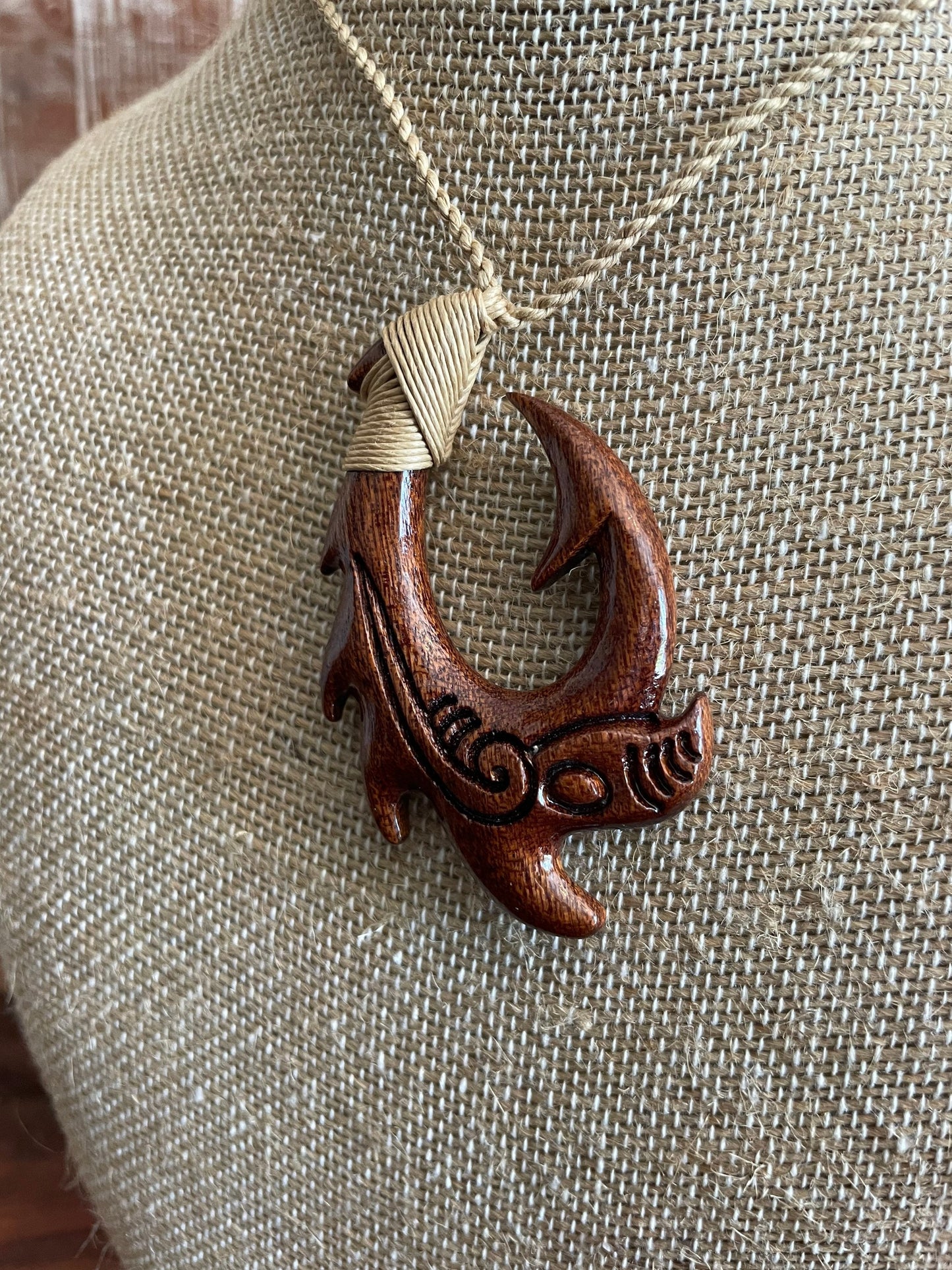 Hand Carved Koa Wood Makau Necklace, Koru Etchings, Adjustable Hemp Cord