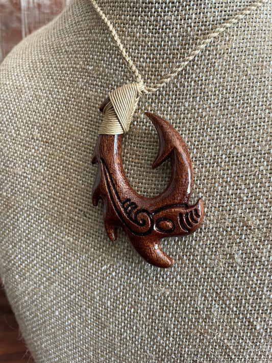 Hand Carved Koa Wood Makau Necklace, Koru Etchings, Adjustable Hemp Cord