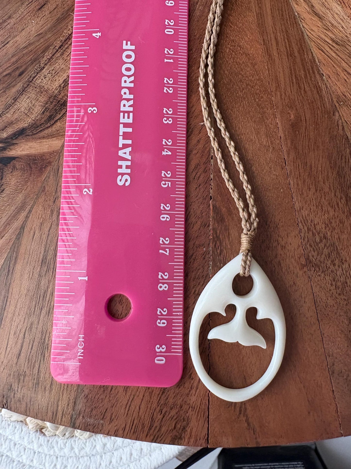 Solid Buffalo Bone Hand Carved Whale Tail Adjustable Pendant and Surfer Cord Necklace