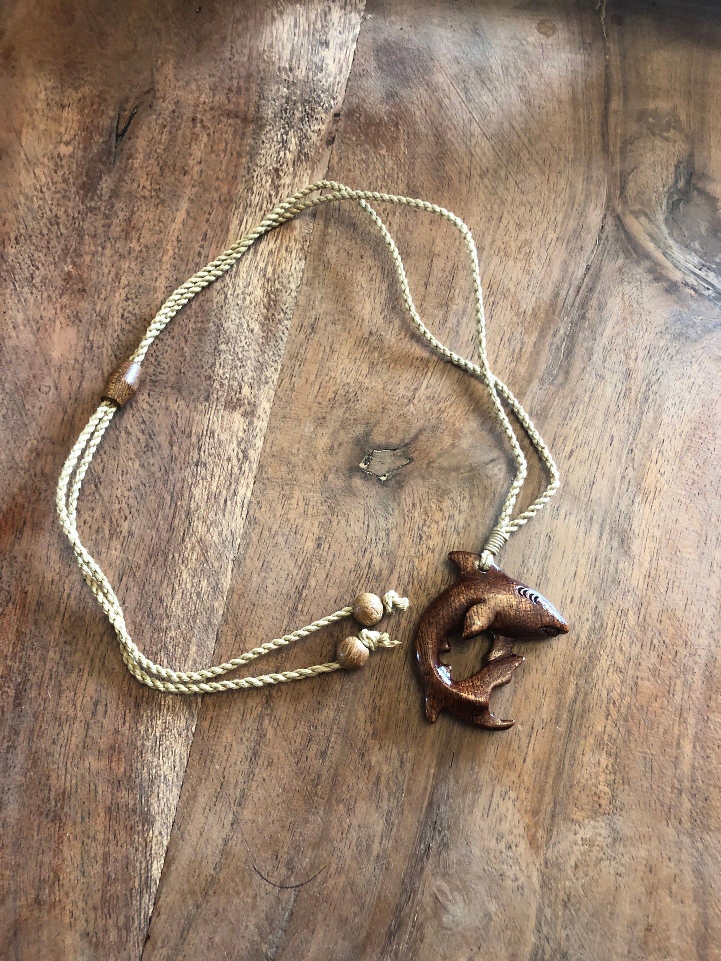Oceanic Wildlife Art- Solid Koa Wood Handcarved Shark Adjustable Necklace