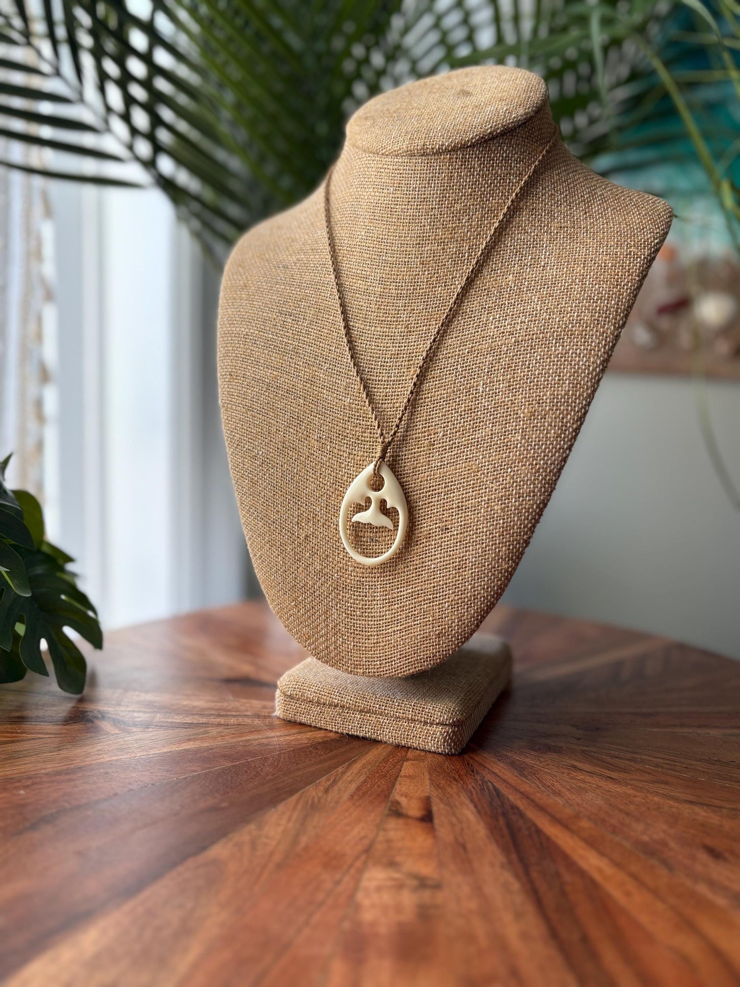 Solid Buffalo Bone Hand Carved Whale Tail Adjustable Pendant and Surfer Cord Necklace