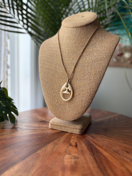 Solid Buffalo Bone Hand Carved Whale Tail Adjustable Pendant and Surfer Cord Necklace