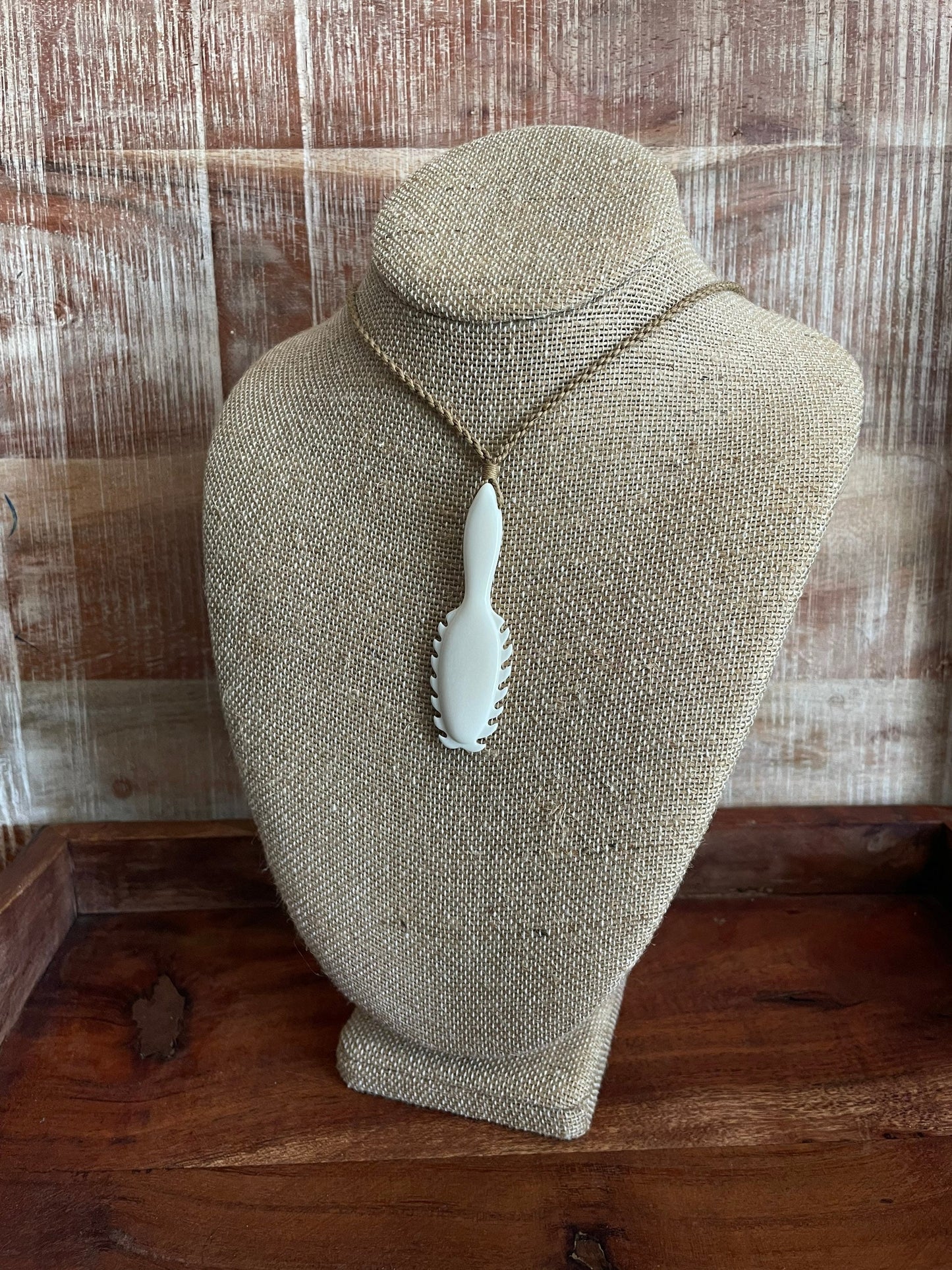 Hand Carved Buffalo Bone Hawaiian Club Pendant, Adjustable Hemp Cord