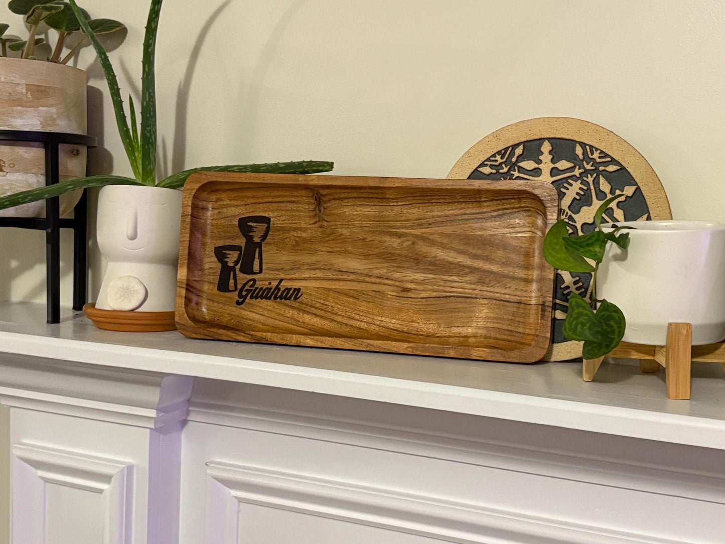 Chamorro Latte Stone Teak Tray: Guahan Engraved Wood Dish