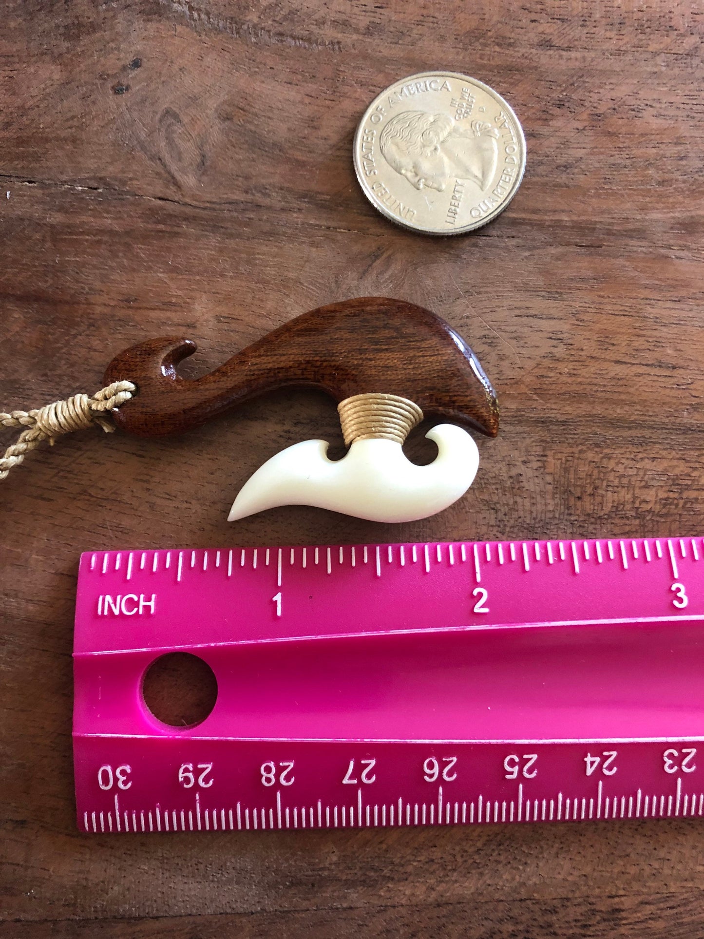 Hand Carved Bone & Koa Wood Fish Hook Necklace - Adjustable Hei Makau