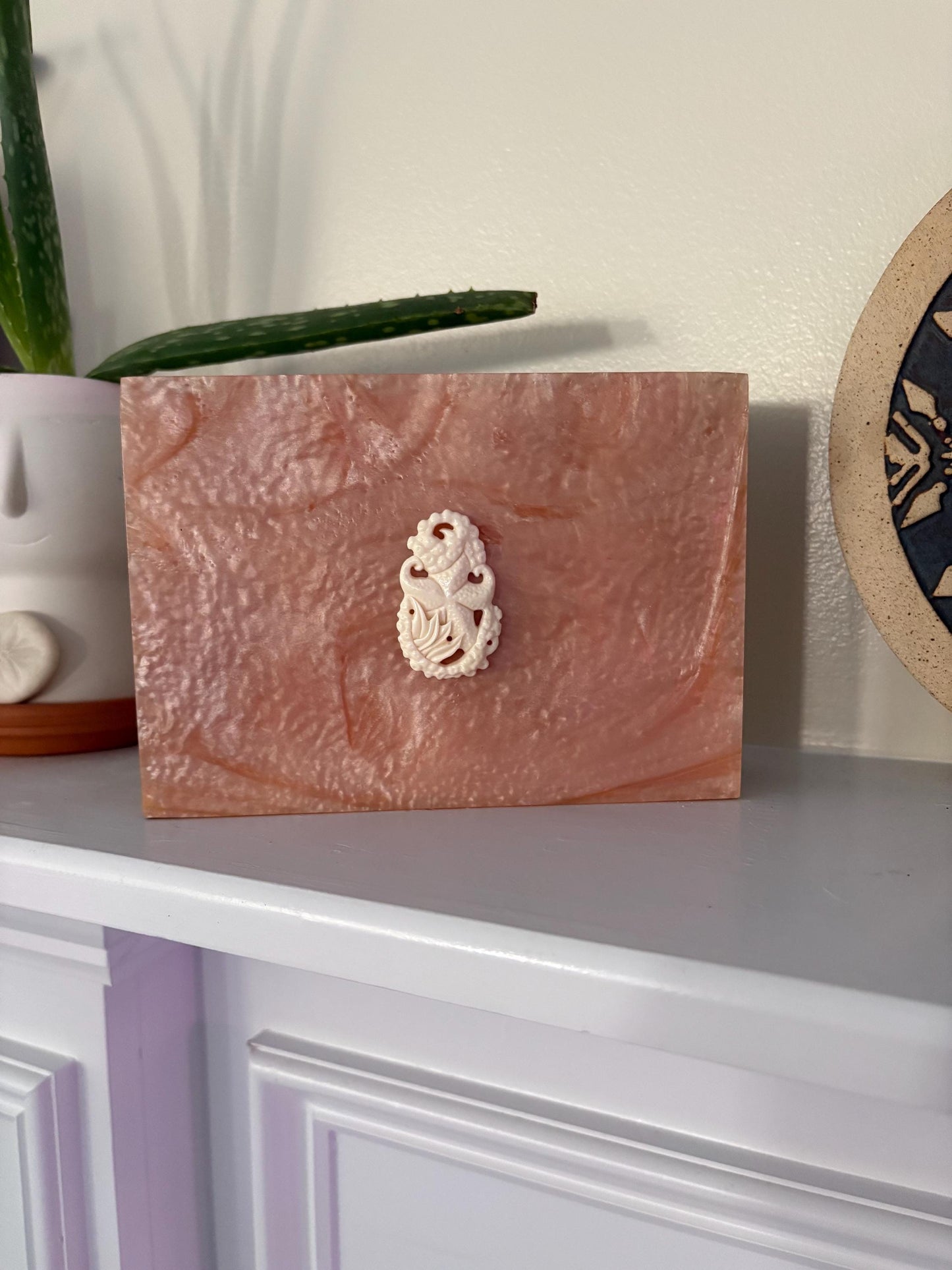 Hand-Crafted Polynesian & Micronesian Wooden and Faux Shell Inlay Box with Bone Starfish Decor