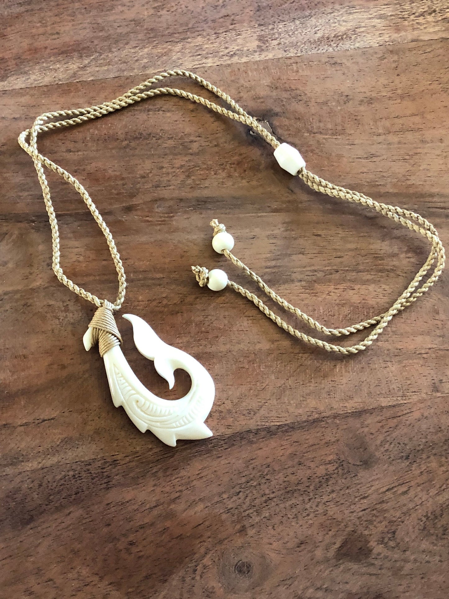 Hand Carved Buffalo Bone Makau Necklace: Adjustable Boho Surfer Jewelry